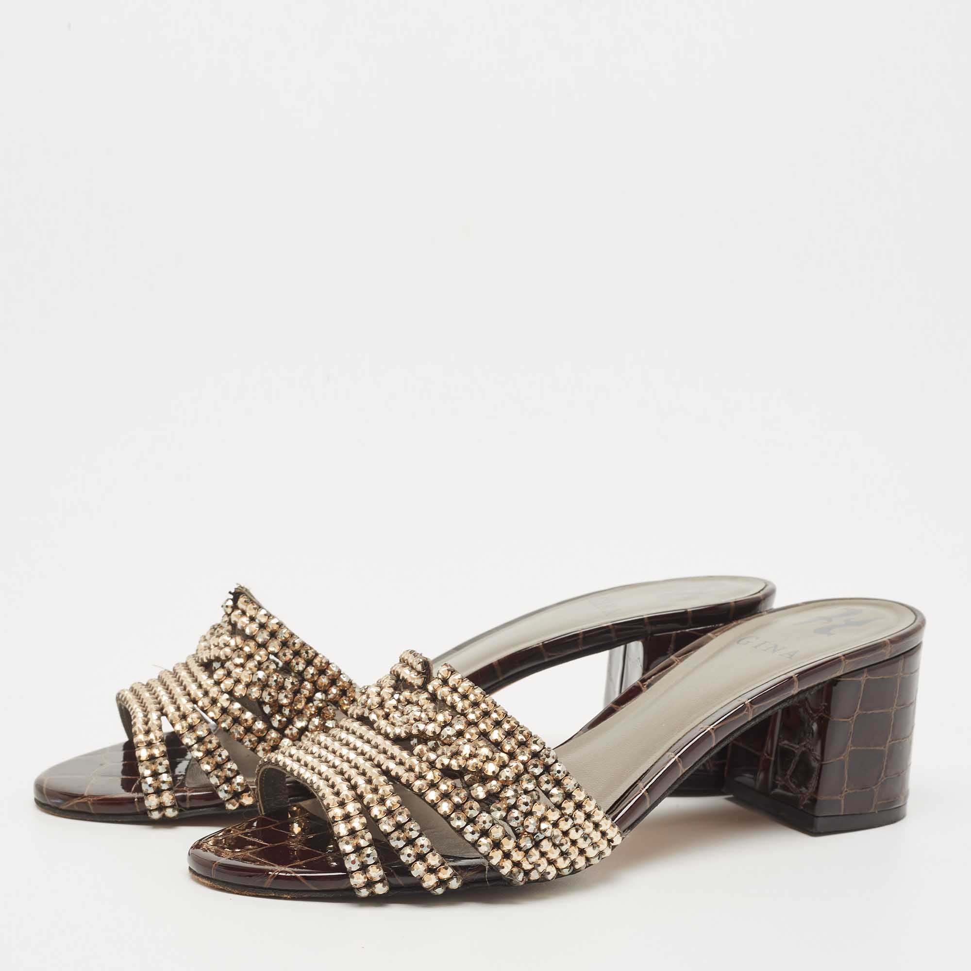 

Gina Dark Brown Croc Embossed Patent Leather Crystal Embellished Slide Sandals Size