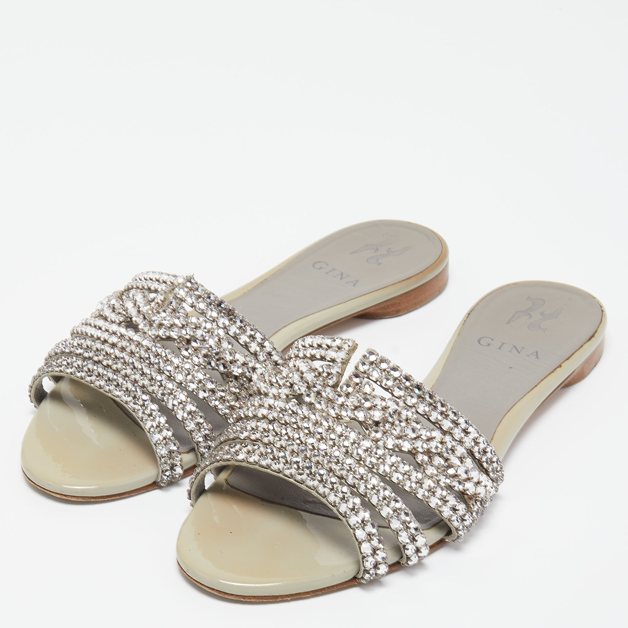 

Gina Pale Grey Leather Crystal Embellished Thong Flat Slides Size