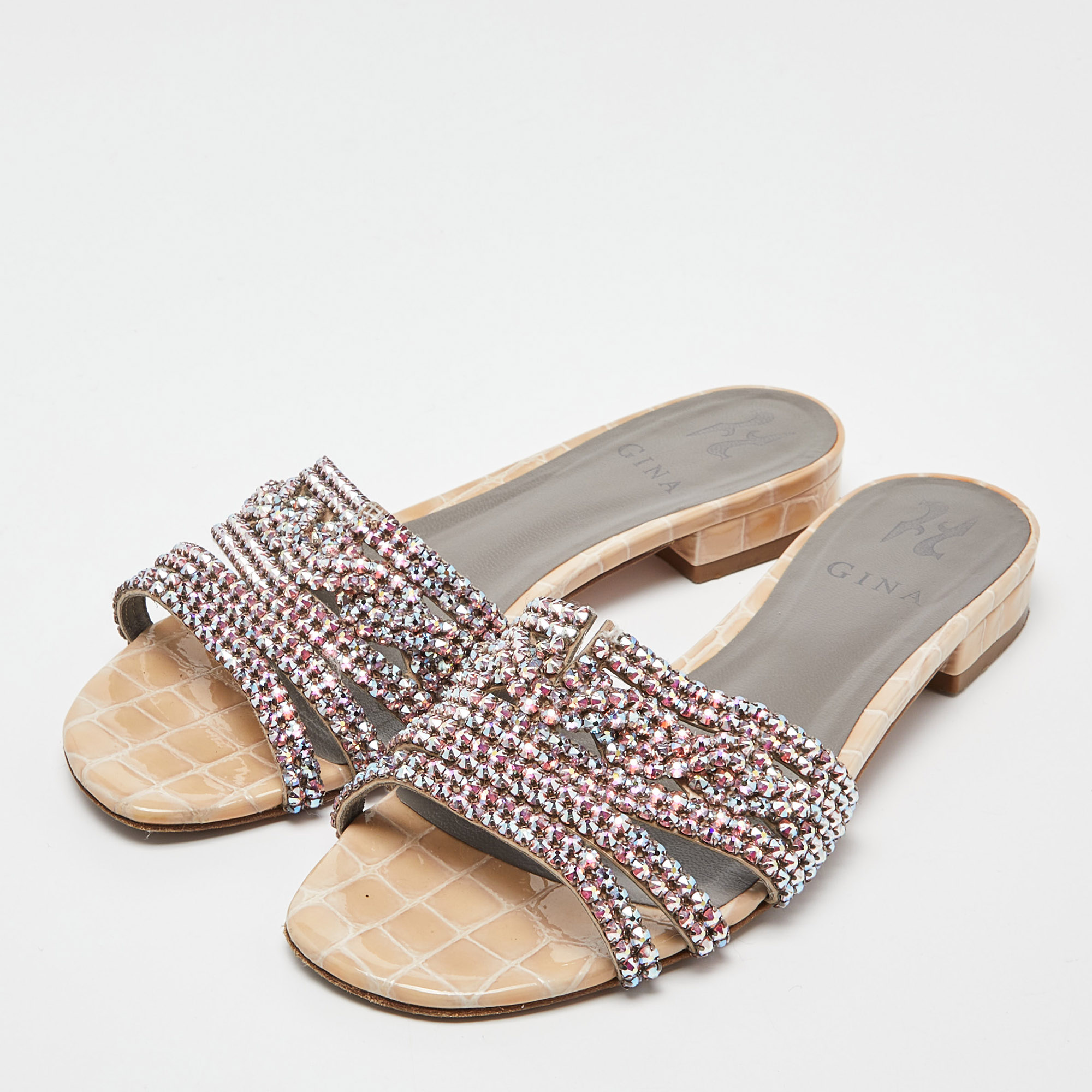 

Gina Cream Croc Embossed Patent Leather Crystal Embellished Loren Slide Sandals Size