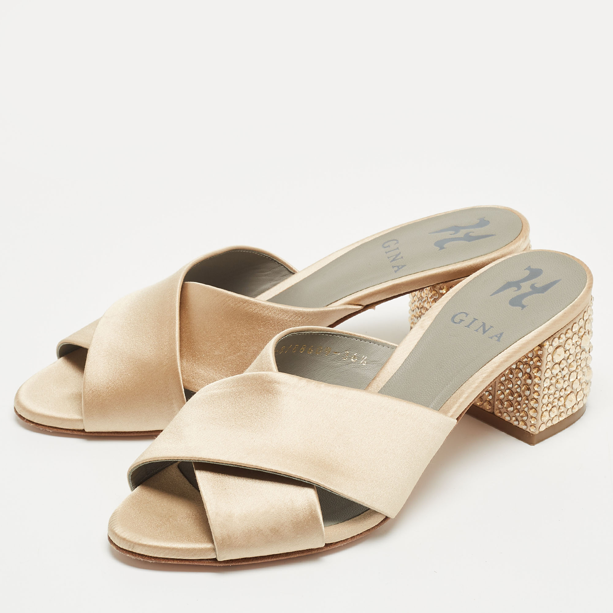 

Gina Beige Satin Crystal Embellished Block Slide Sandals Size