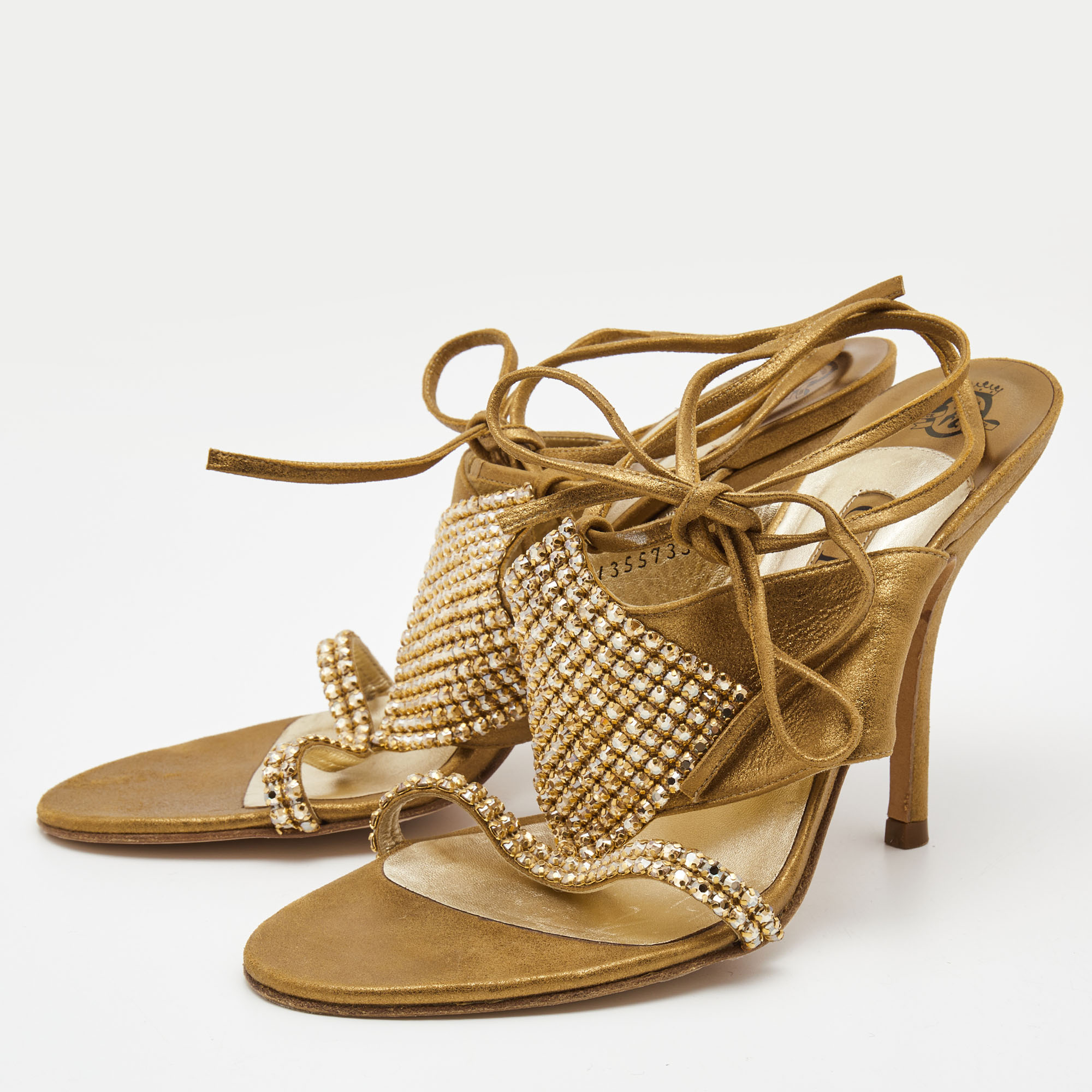 

Gina Metallic Gold Leather Crystal Embellished Ankle Wrap Sandals Size