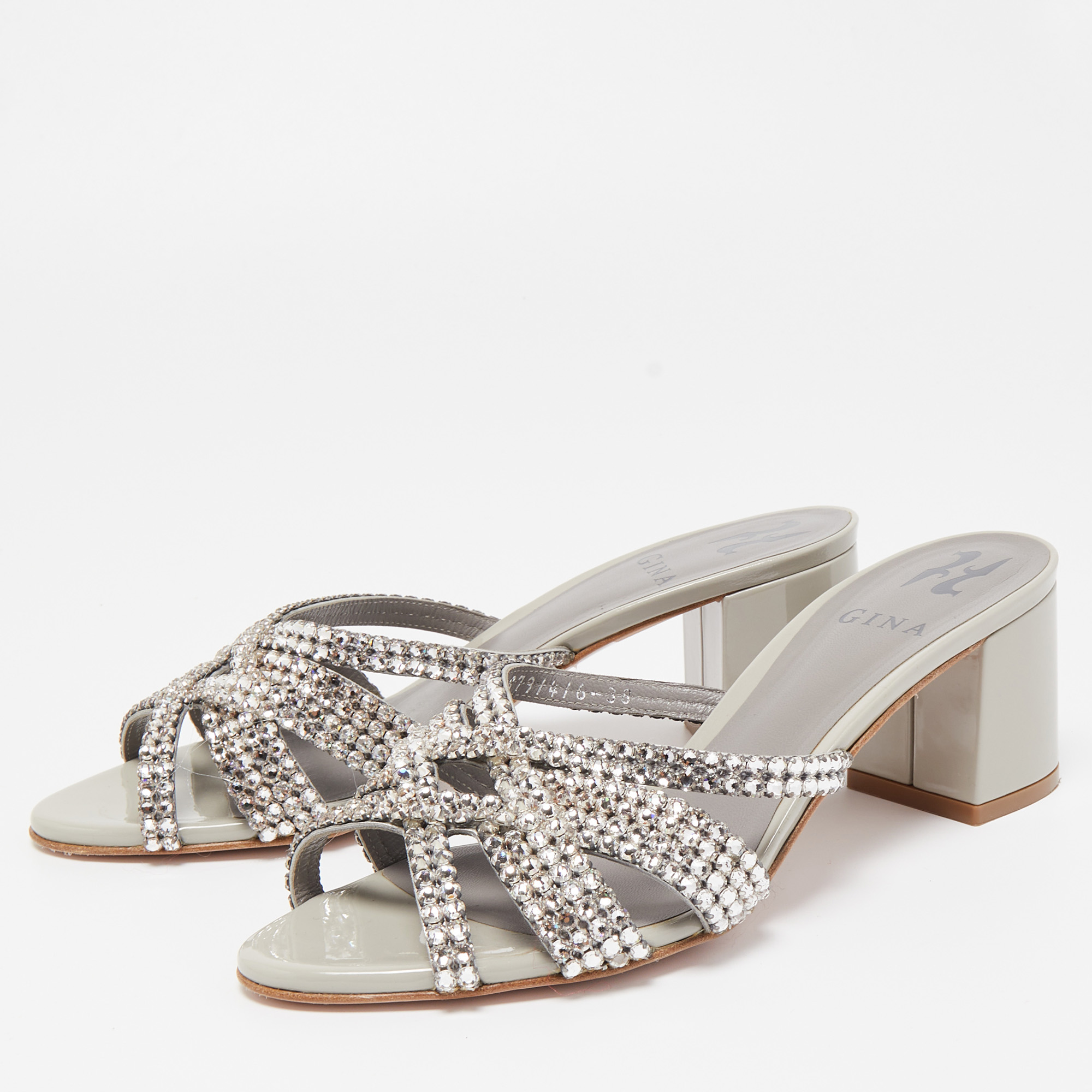 

Gina Silver/Grey Leather Crystal Embellished Slide Sandals Size