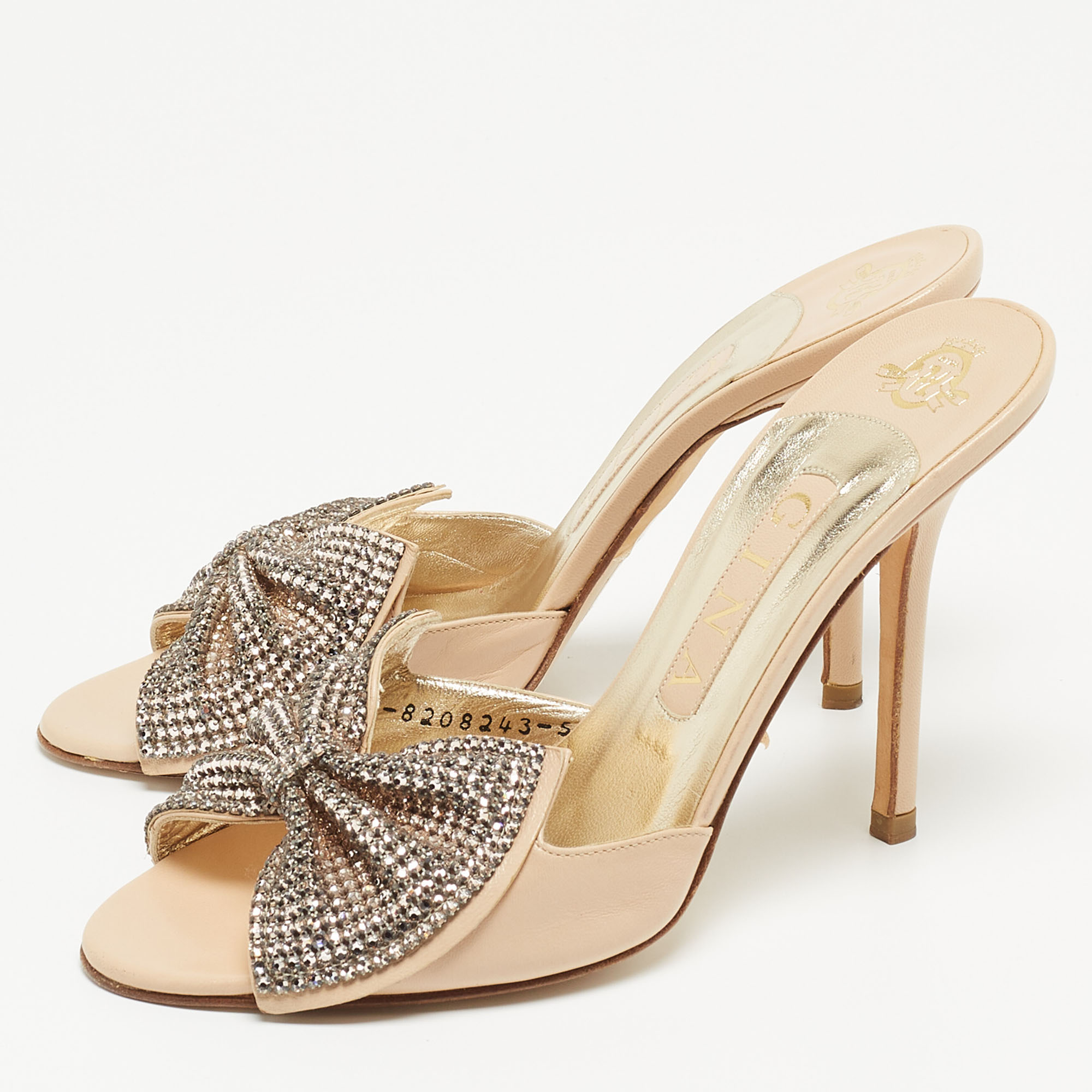 

Gina Beige Leather Crystal Embellished Bow Slide Sandals Size