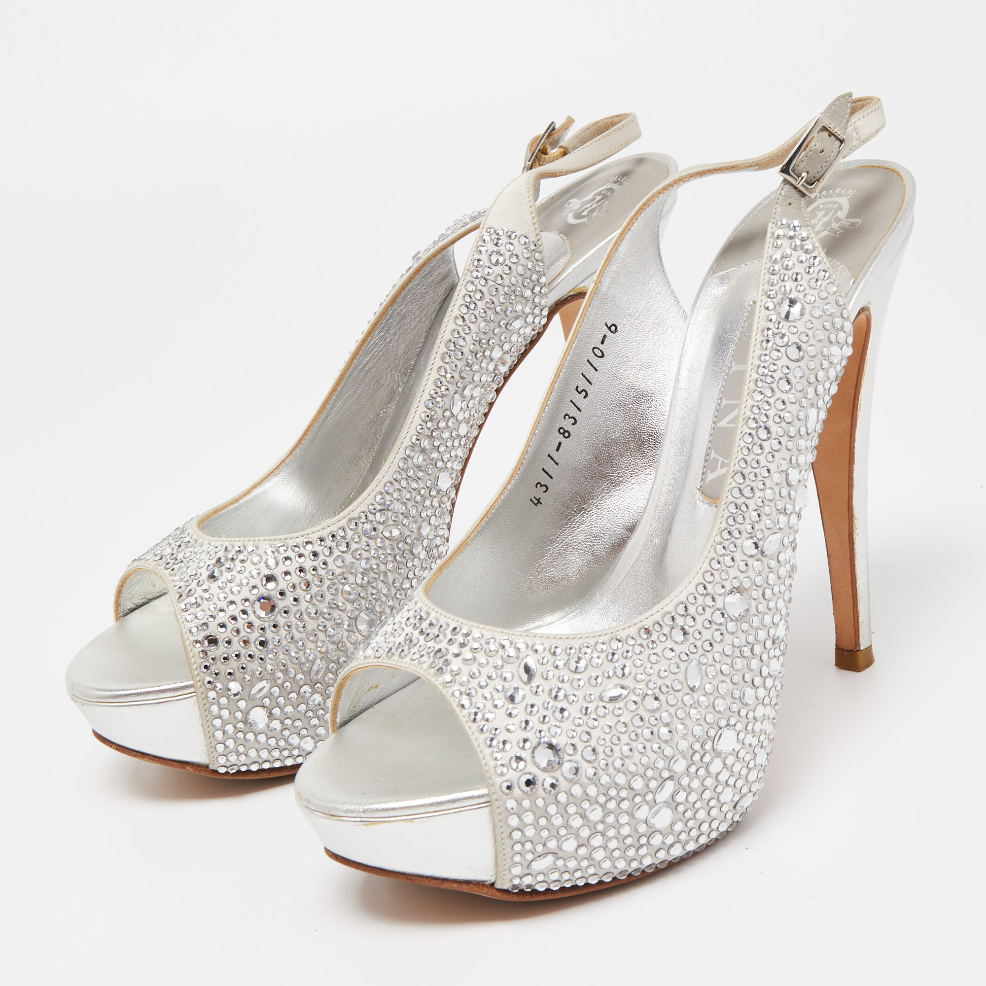 

Gina Silver Crystal Embellished Satin Peep Toe Platform Slingback Sandals Size