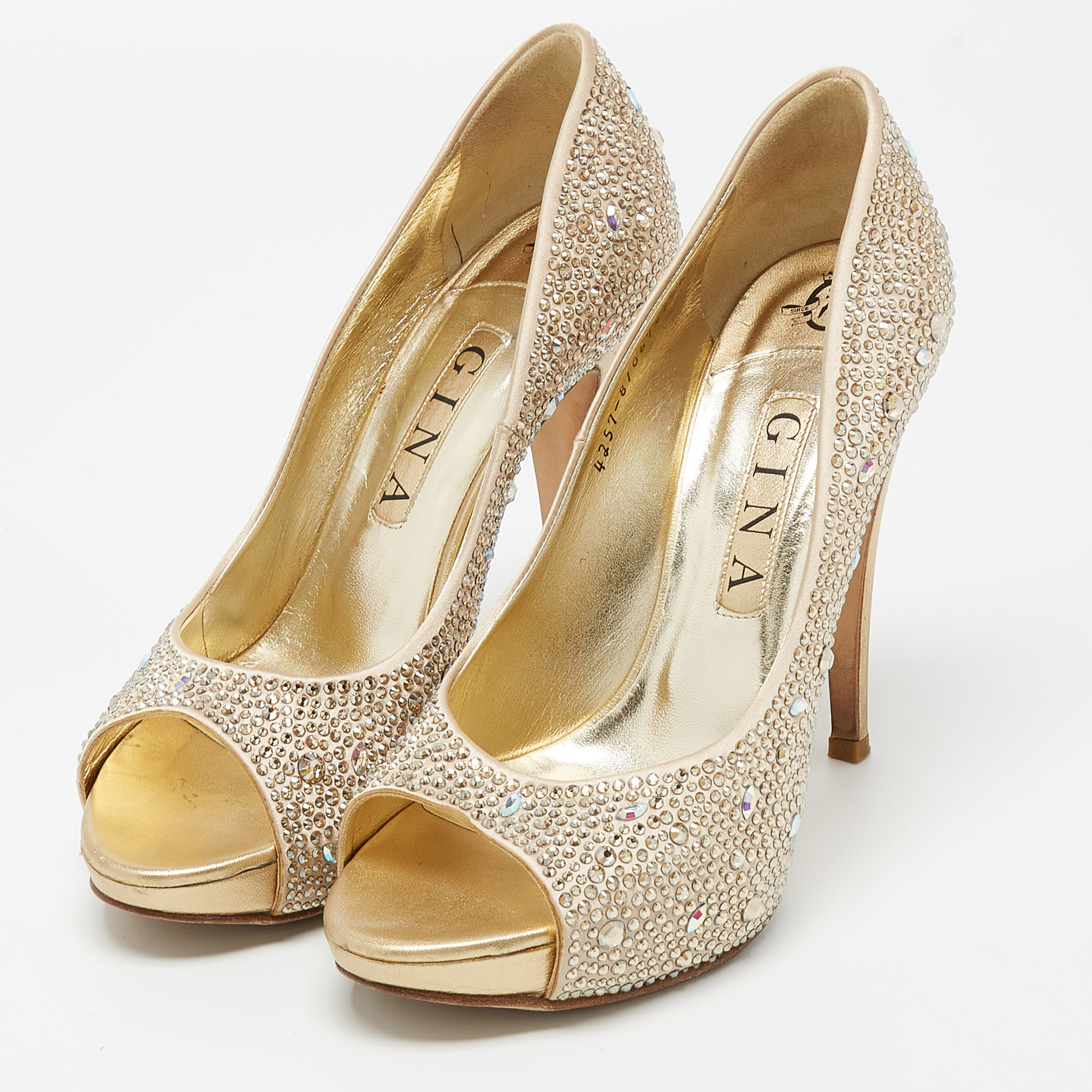 

Gina Metallic Beige Crystal Embellished Satin Peep Toe Platform Pumps Size