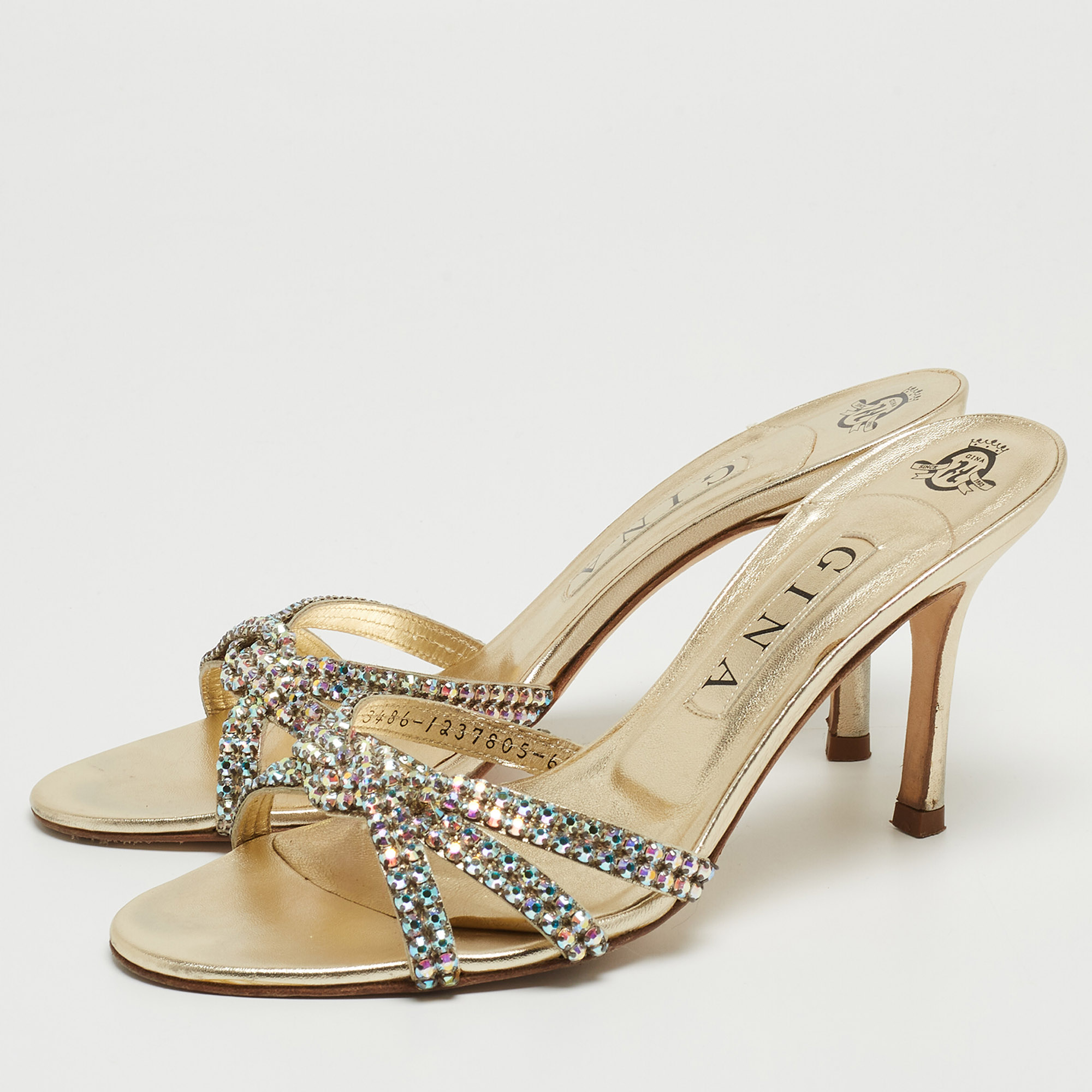 

Gina Gold Crystal Embellished Leather Knotted Slide Sandals Size