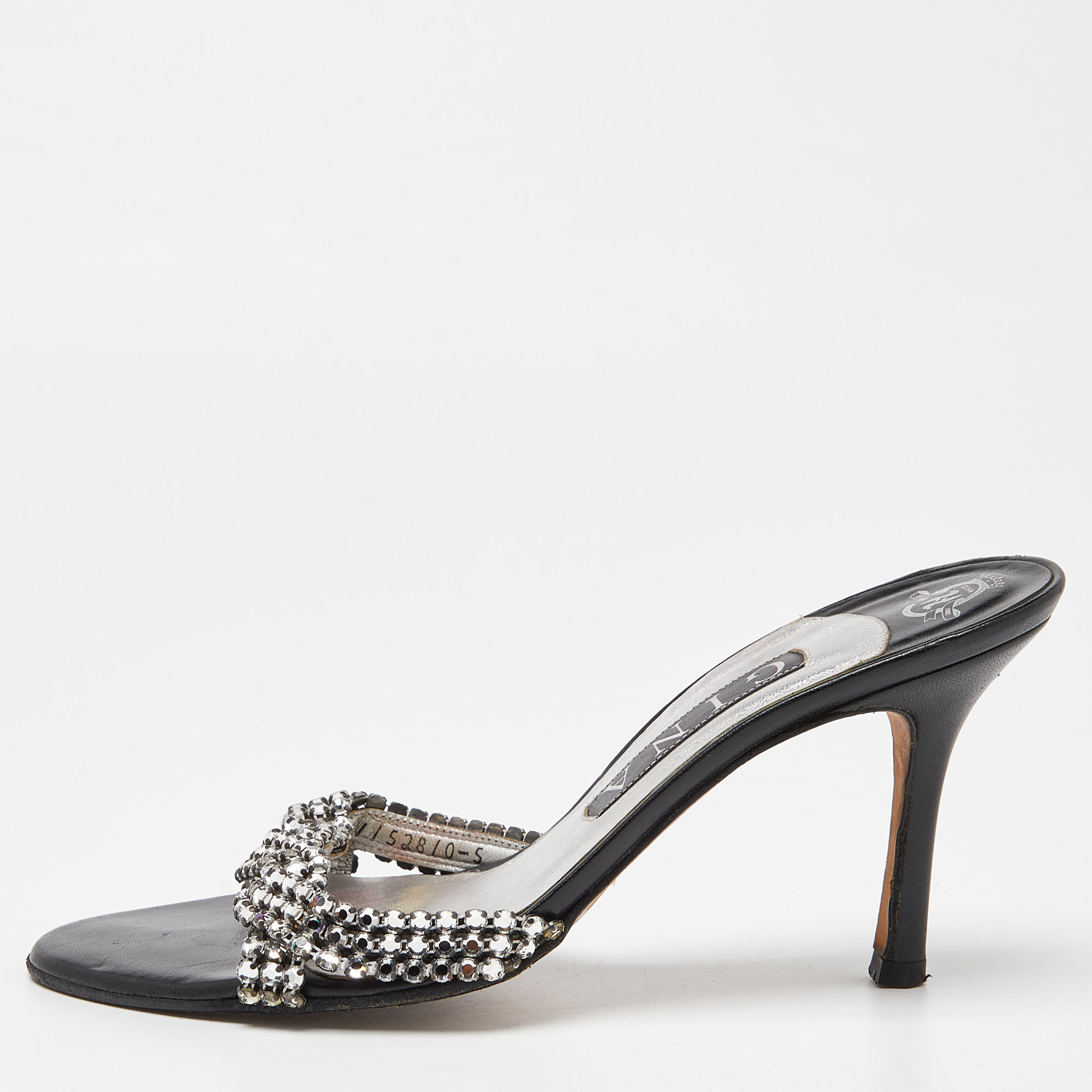 Pre-owned Gina Silver/black Crystal Embellished Leather Slide Sandals Size 38