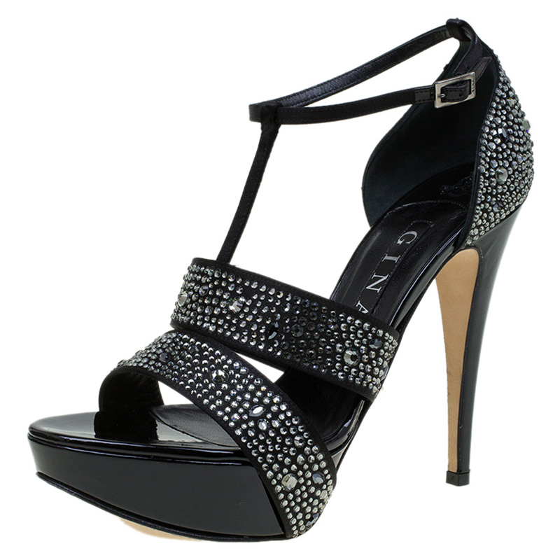

Gina Black Crystal Embellished Leather T Strap Platform Sandals Size