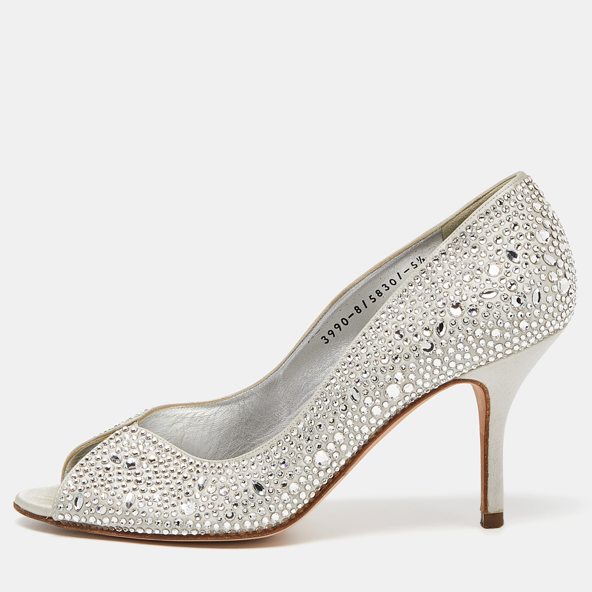 

Gina Silver Crystal Embellished Satin Ayres Peep Toe Pumps Size