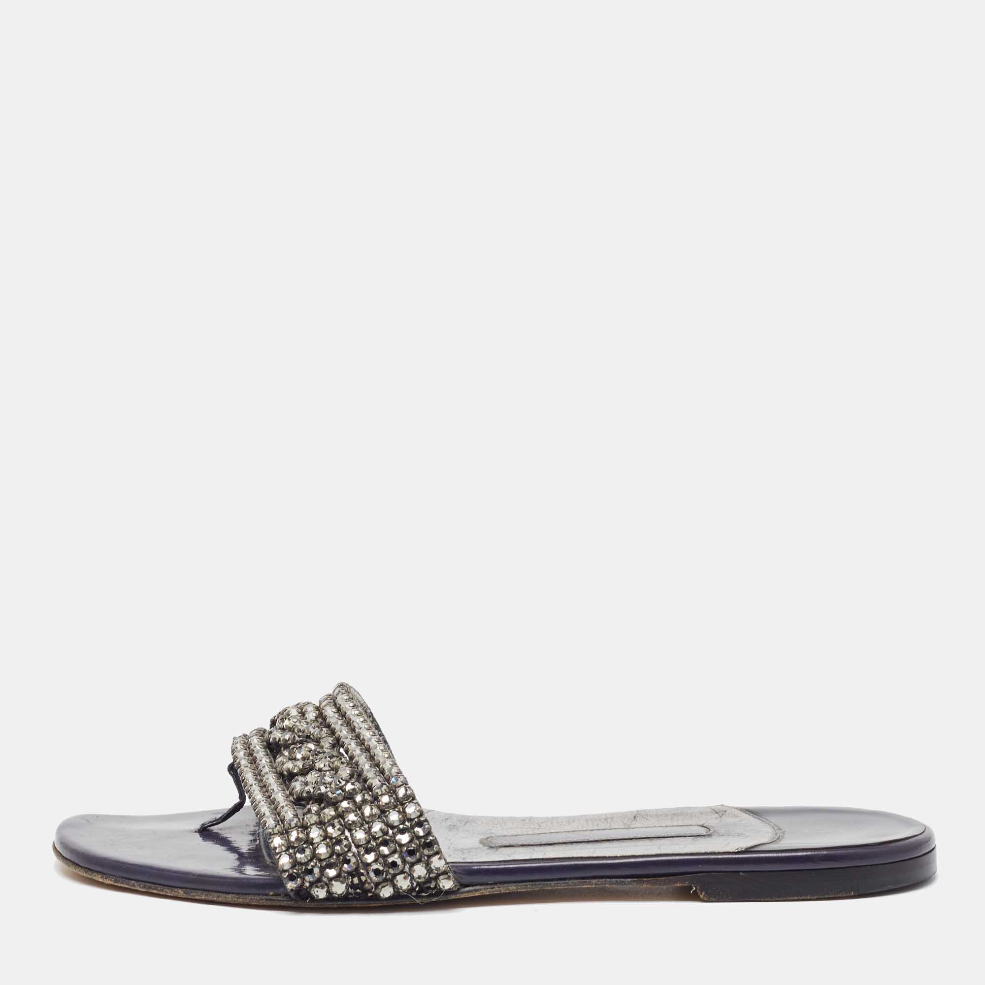 

Gina Metallic/Navy Blue Crystal Embellished Leather Thong Flat Slides Size
