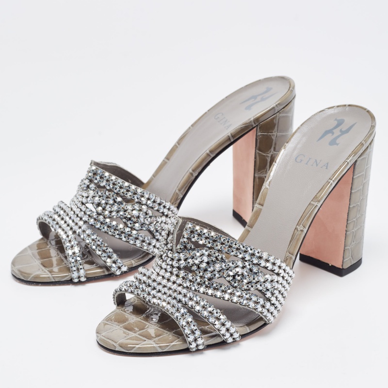 

Gina Green Crystal Embellished Croc Embossed Patent Leather Rodeo Block Heel Slide Sandals Size