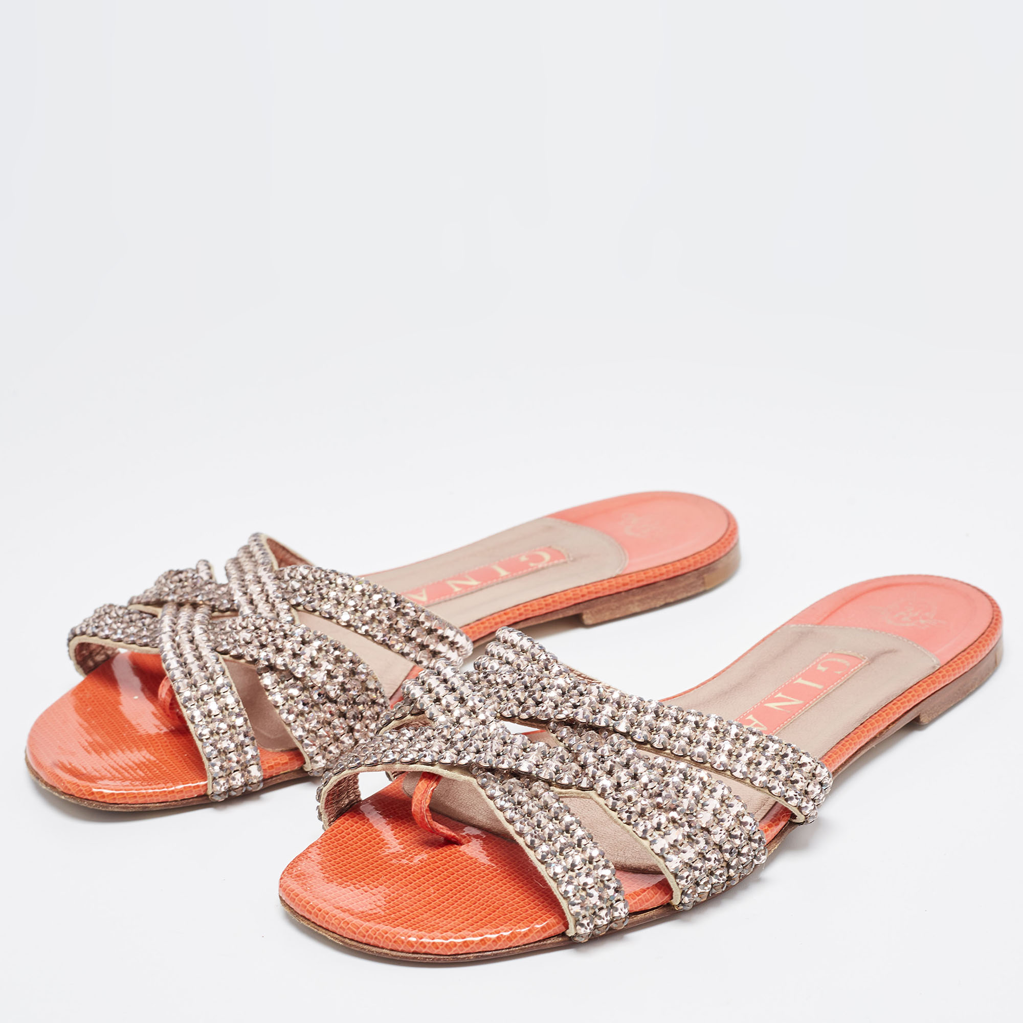 

Gina Pink/Orange Crystal Embellished Leather Flat Slides Size
