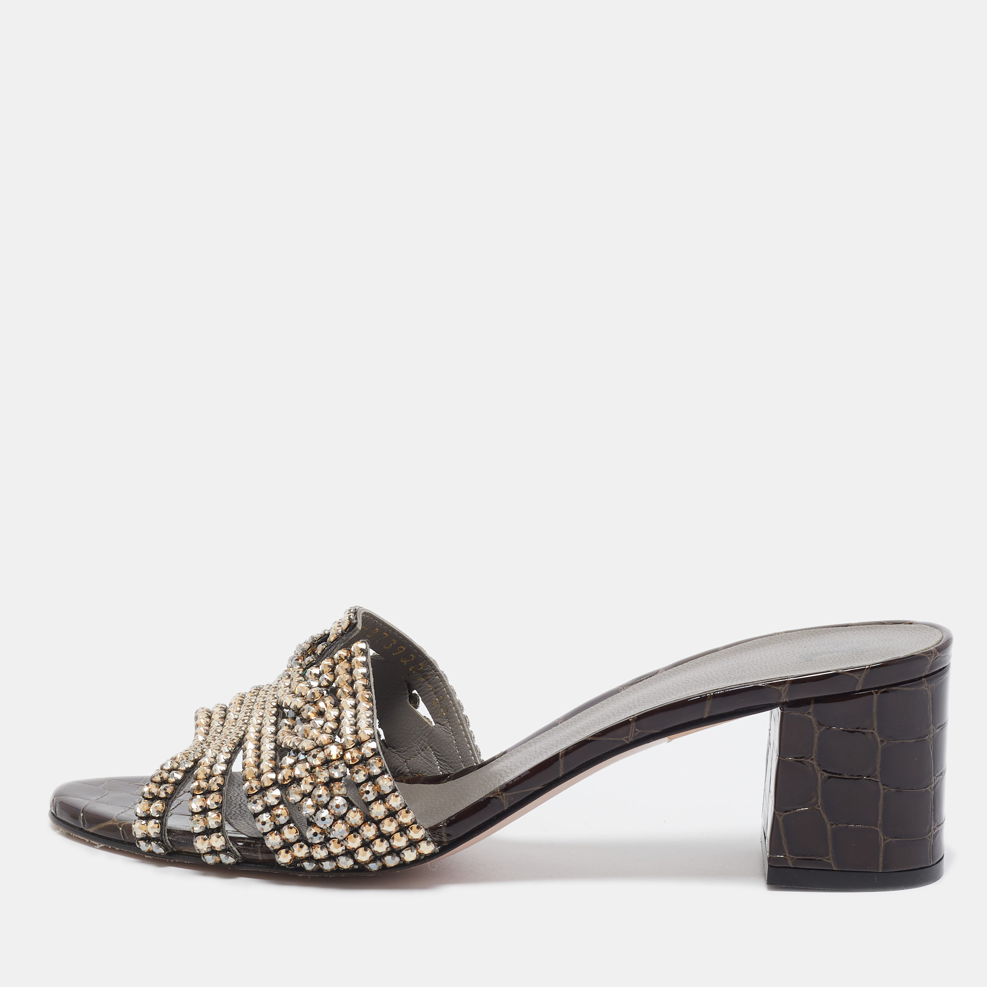 Gina Brown Croc Embossed Patent Leather Crystal Embellished Slides Size 39
