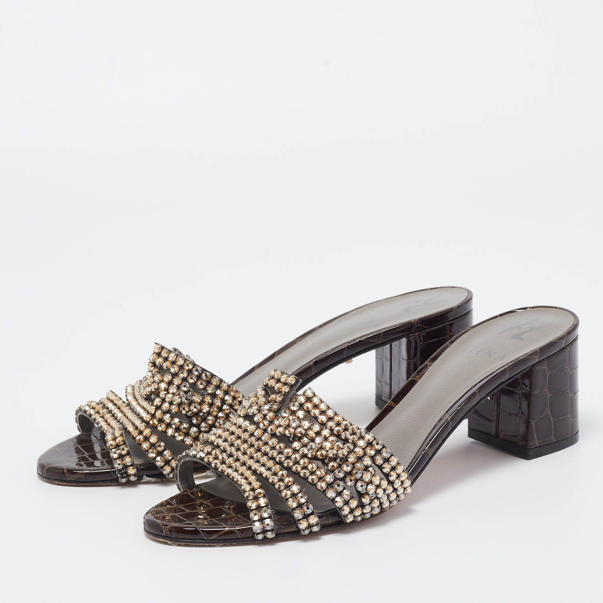 

Gina Brown Croc Embossed Patent Leather Crystal Embellished Slides Size