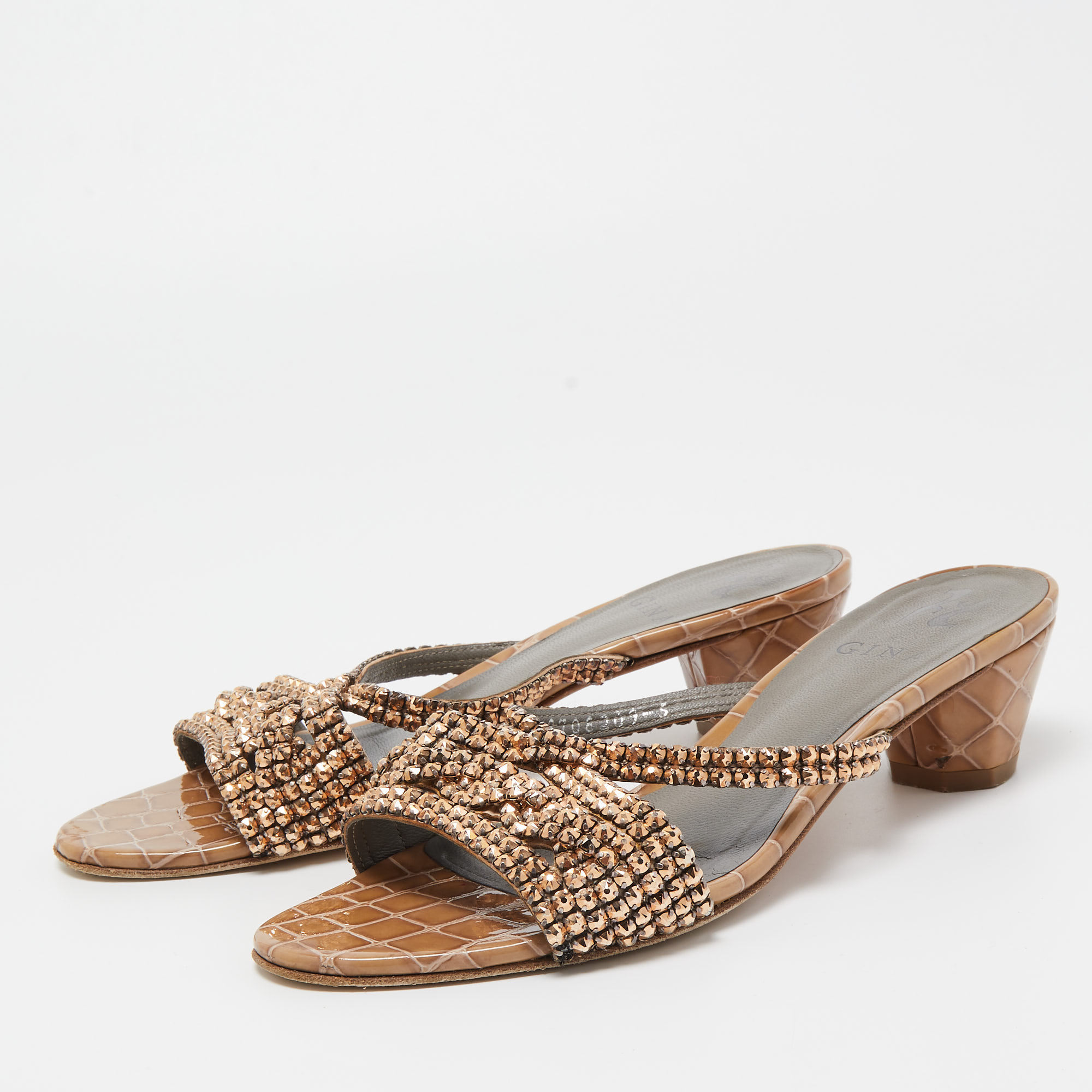 

Gina Brown Croc Embossed Patent Leather Crystal Embellished Slides Sandals Size