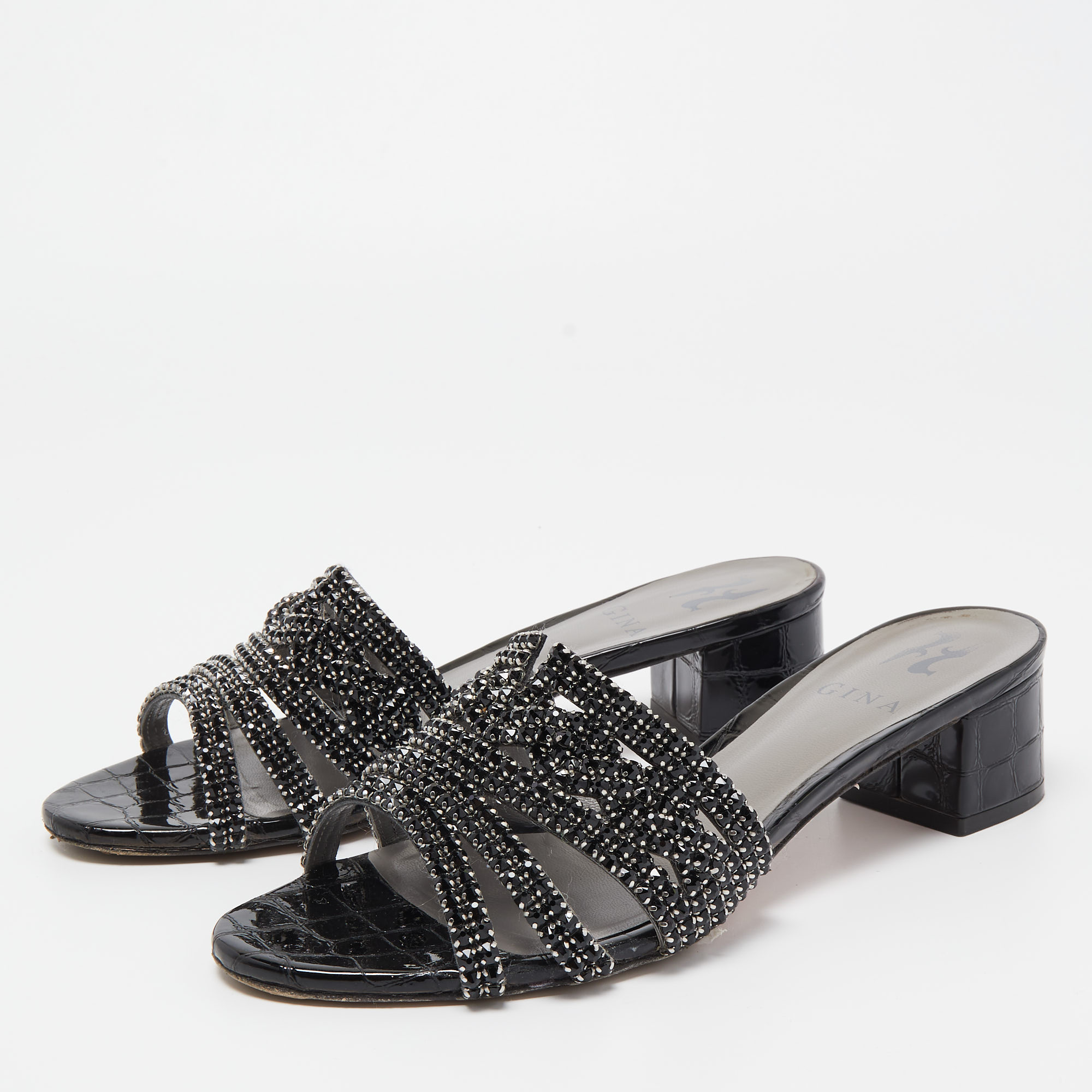 

Gina Black Croc Embossed Patent Leather Crystal Embellished Slides Sandals Size