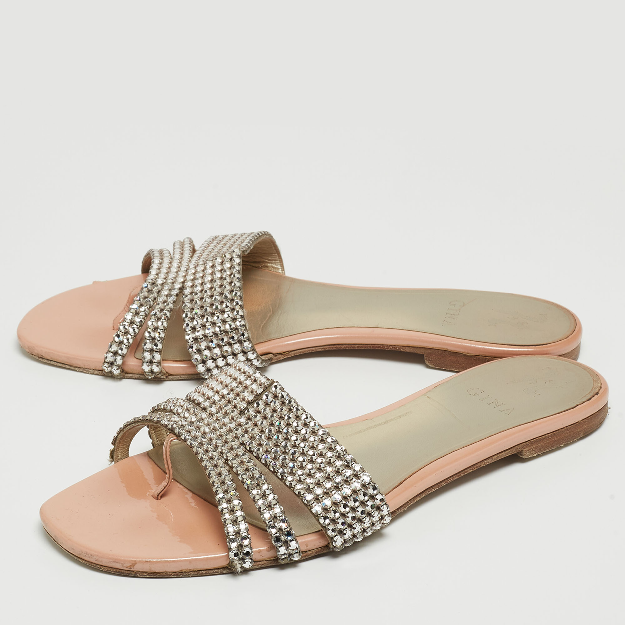 

Gina Silver/Pink Crystal Embellished Leather Flat Slides Size