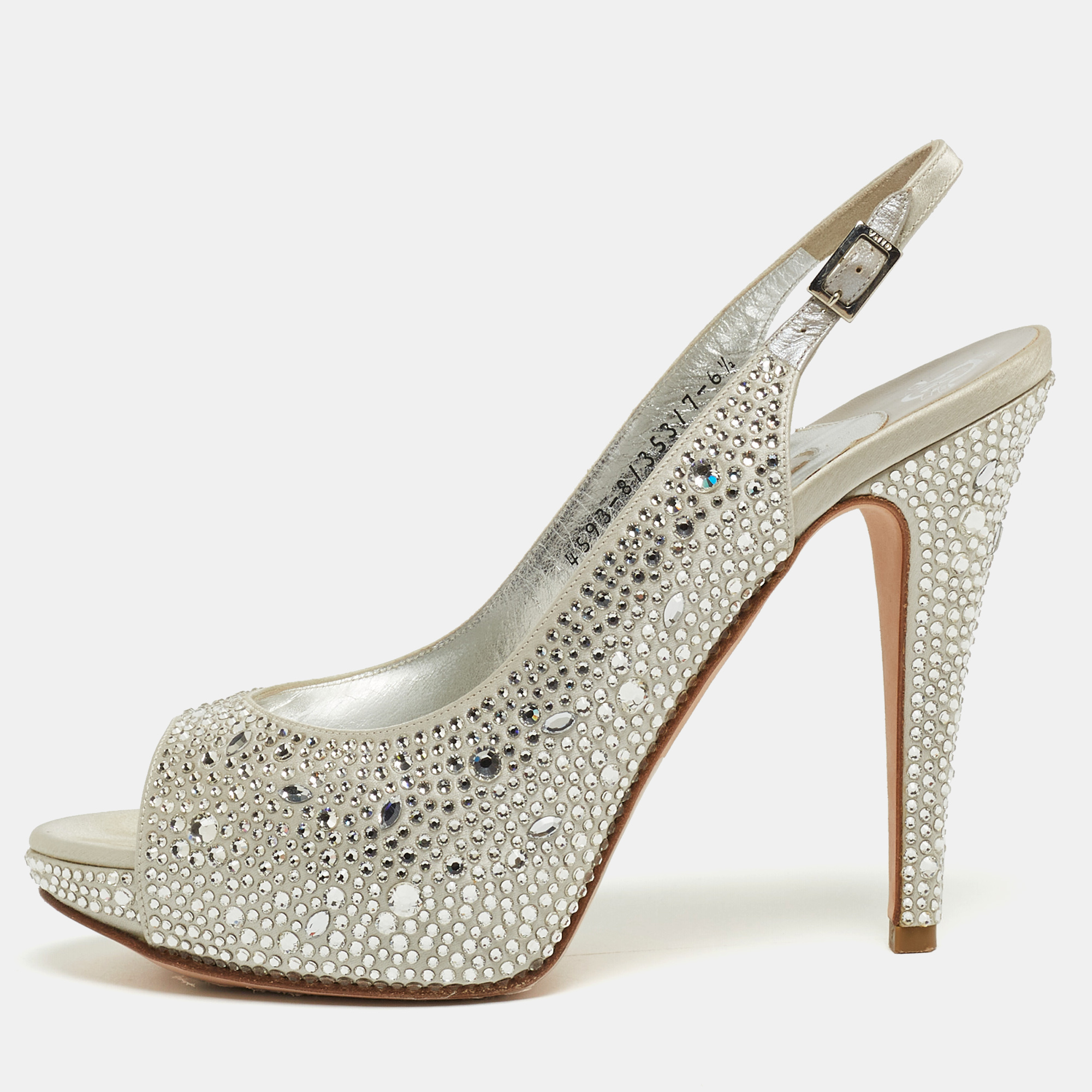 Pre-owned Gina Silver Crystal Embellished Satin Open-toe Platform Slingback Sandals Size 39.5