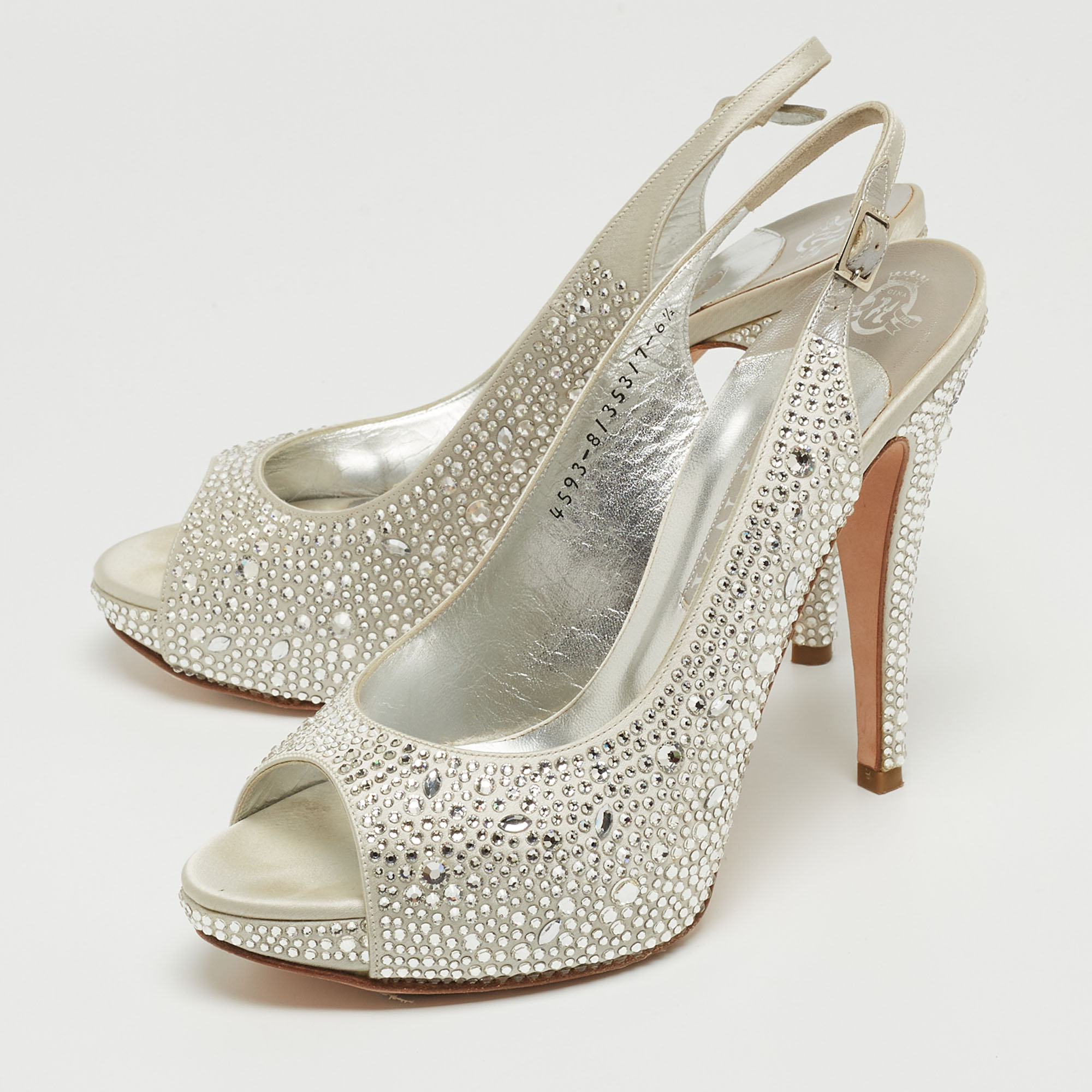 

Gina Silver Crystal Embellished Satin Open-Toe Platform Slingback Sandals Size