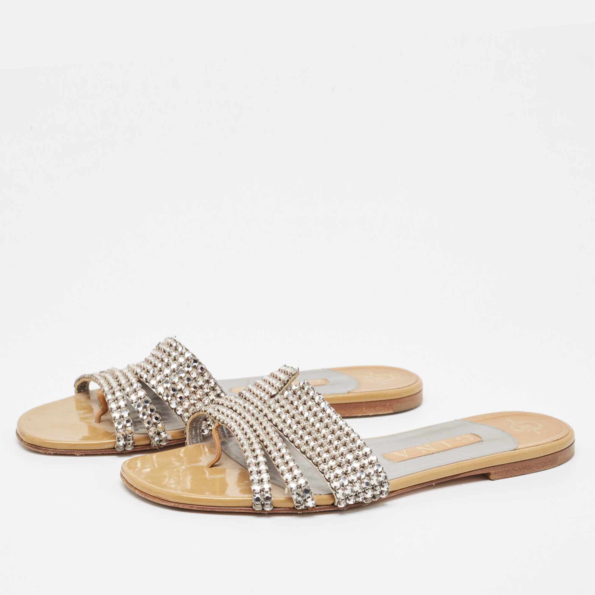 

Gina Silver/Beige Crystal Embellished Leather Thong Flats Size