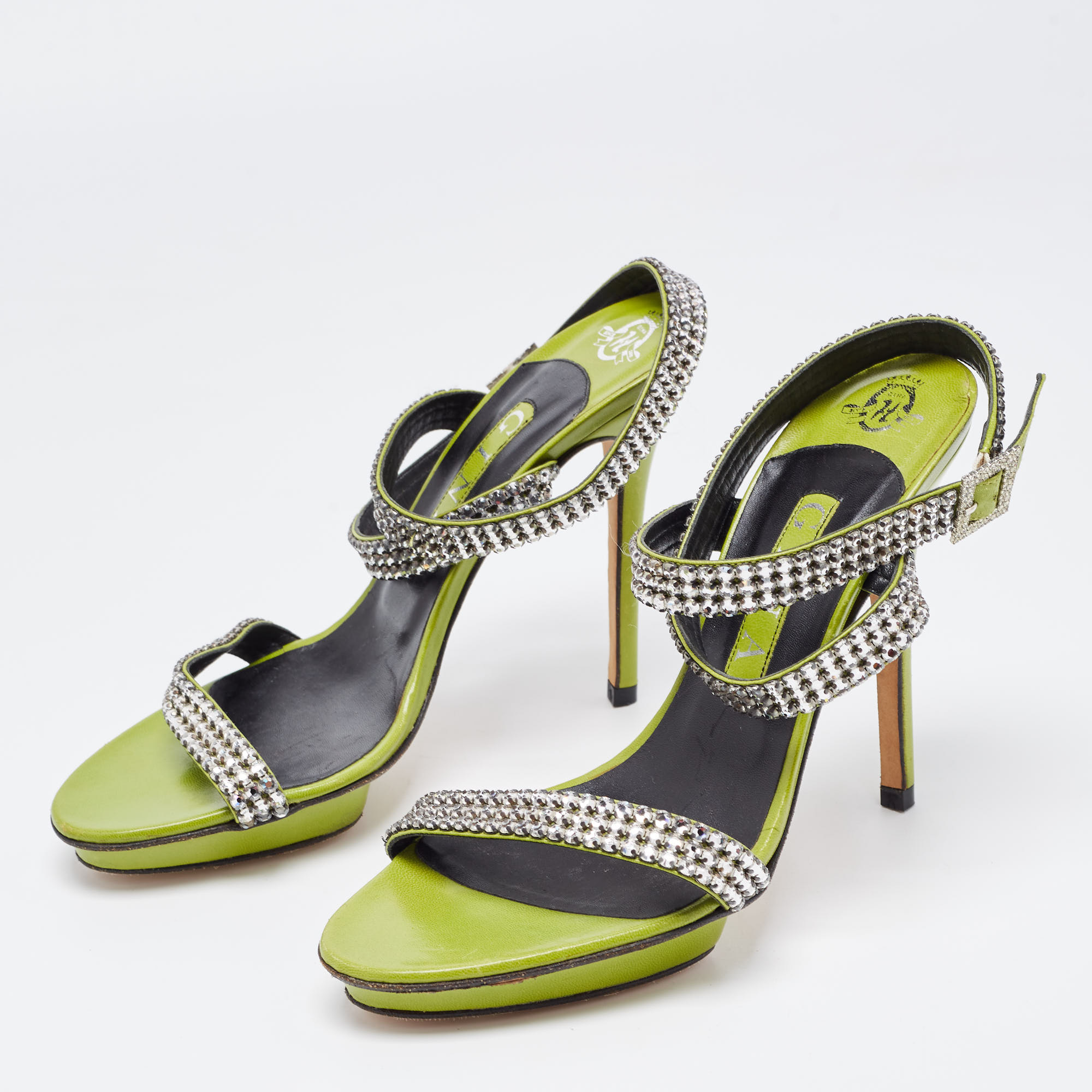 

Gina Green Crystal Embellished Leather Cross Ankle Strap Sandals Size