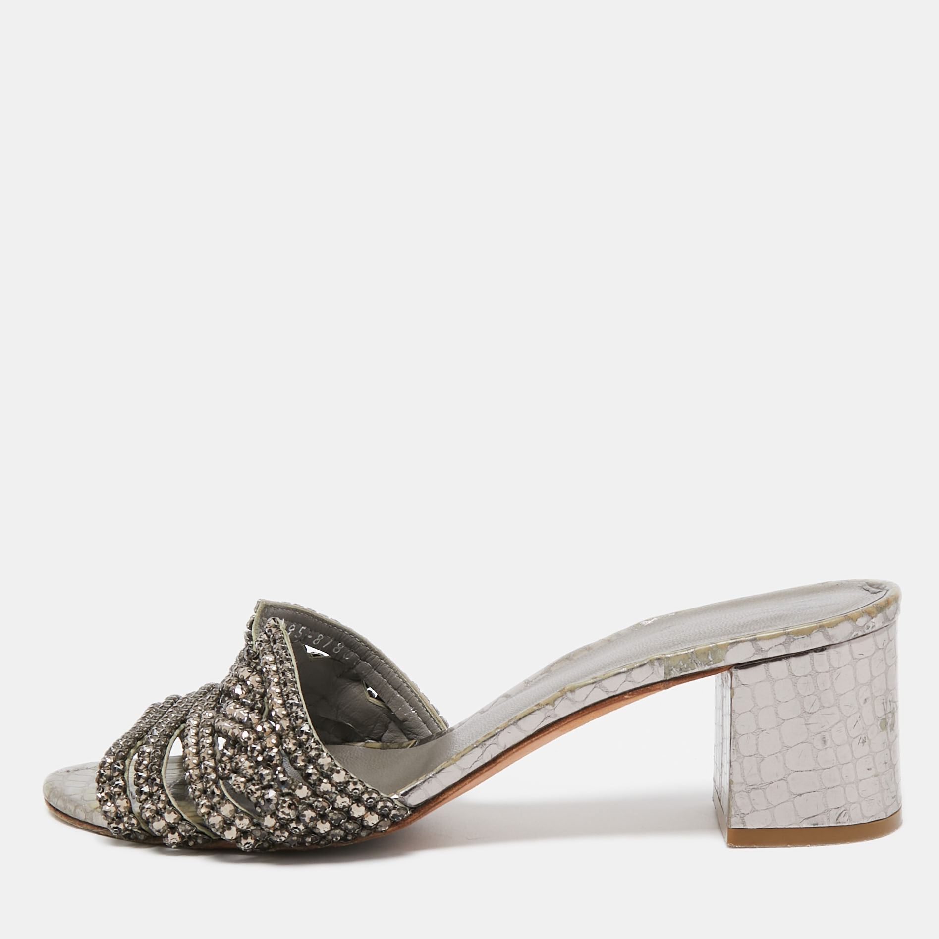 

Gina Metallic Grey Crystal Embellished Leather Slide Sandals Size