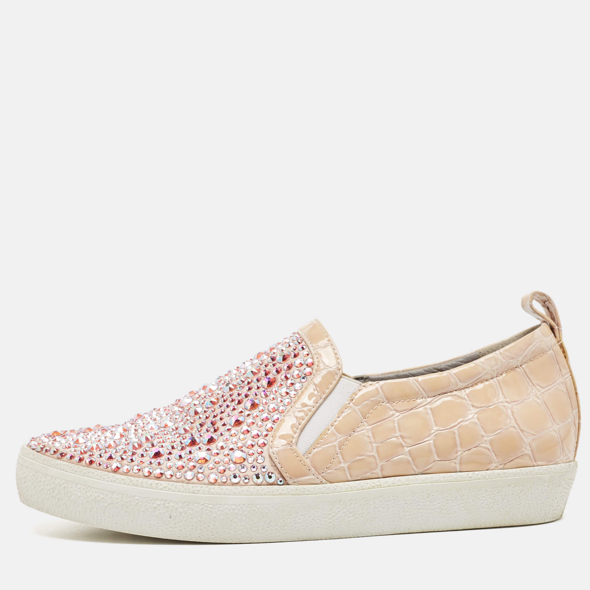 

Gina Pink/Beige Crystal Embellished Satin and Croc Embossed Leather Slip On Sneakers Size