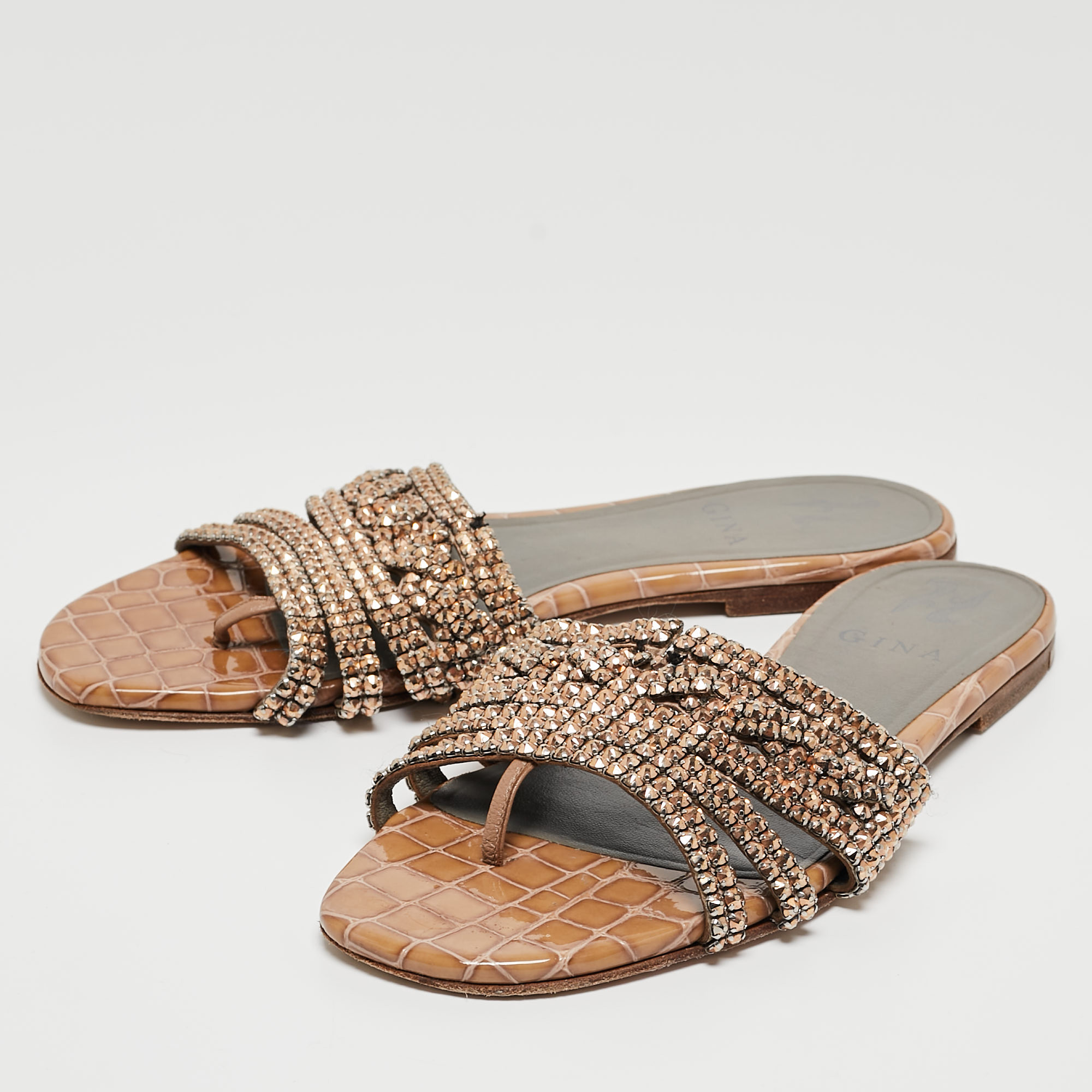 

Gina Gold Croc Embossed Leather and Leather Crystal Embellished Flat Slides Size, Brown