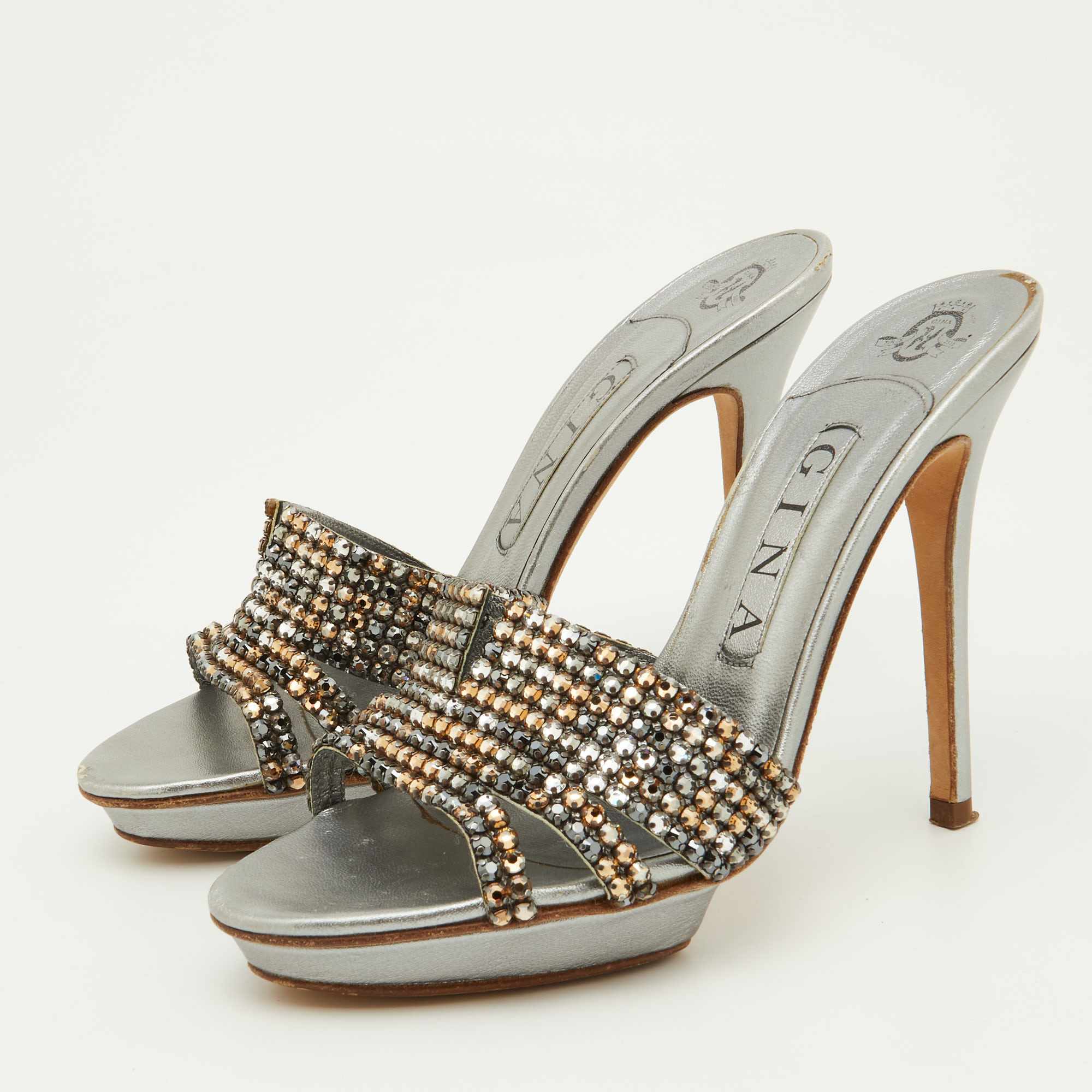 

Gina Silver Crystal Embellished Leather Slide Sandals Size