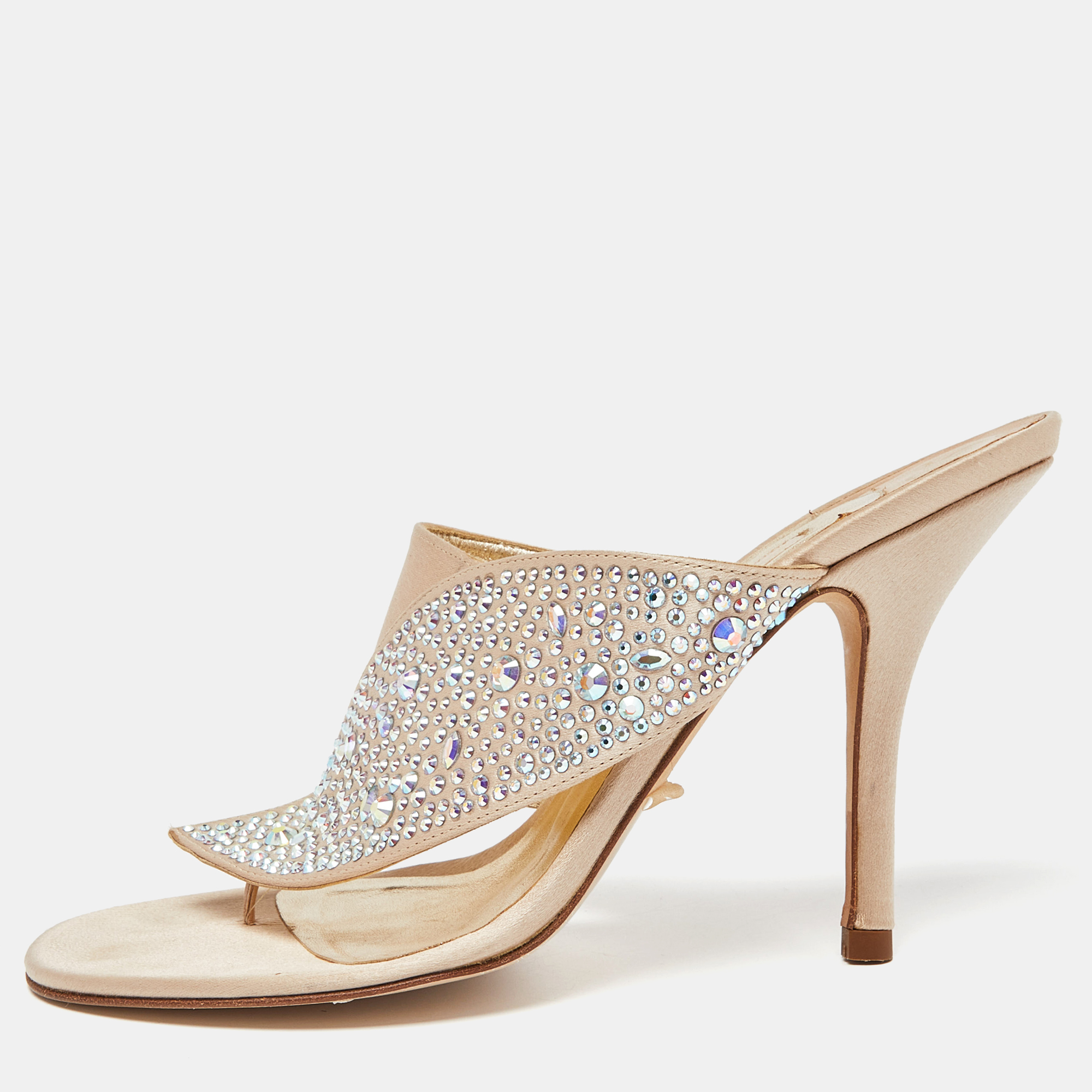 

Gina Beige Satin Crystal Embellished Thong Sandals Size
