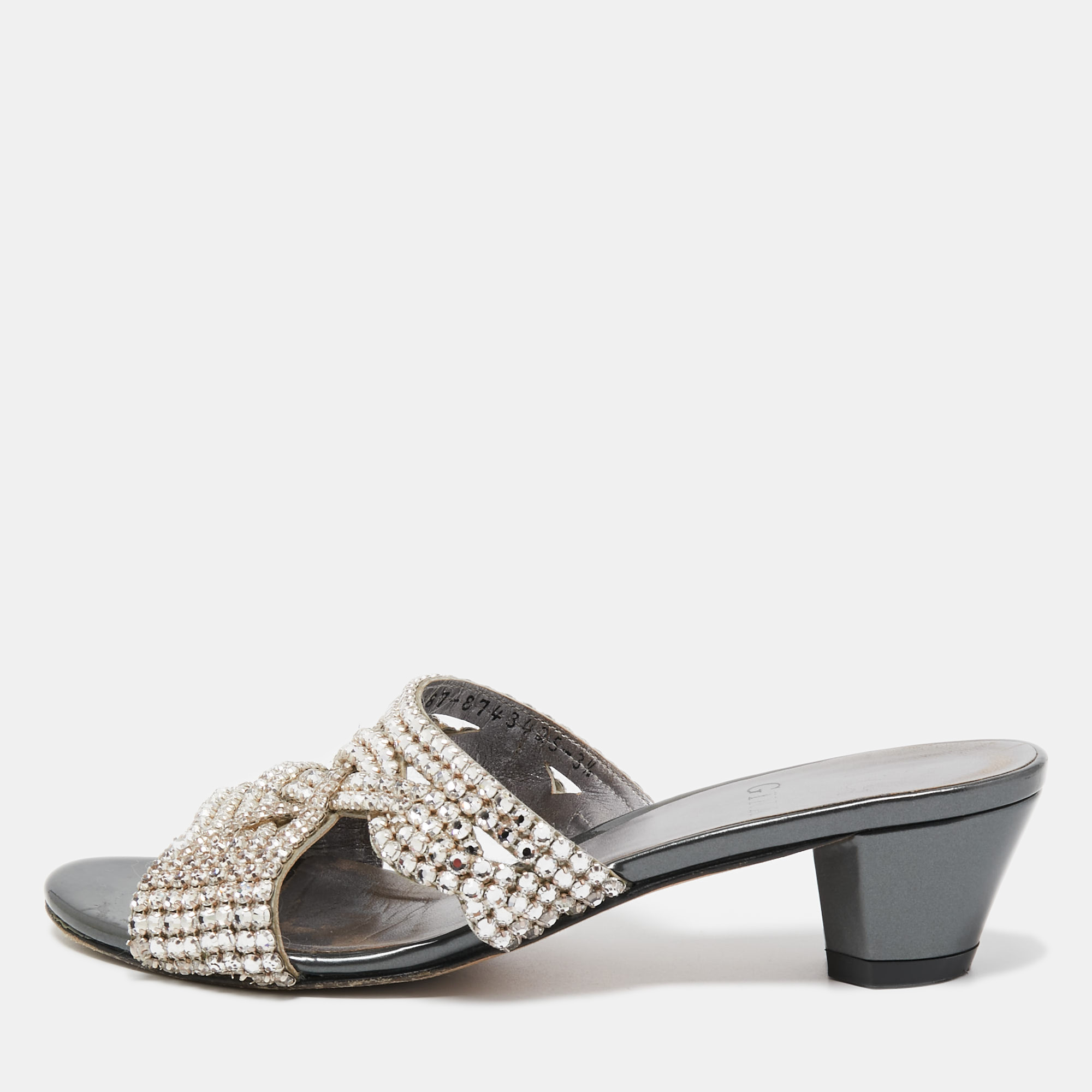

Gina Silver/Grey Crystal Embellished Leather Slide Sandals Size