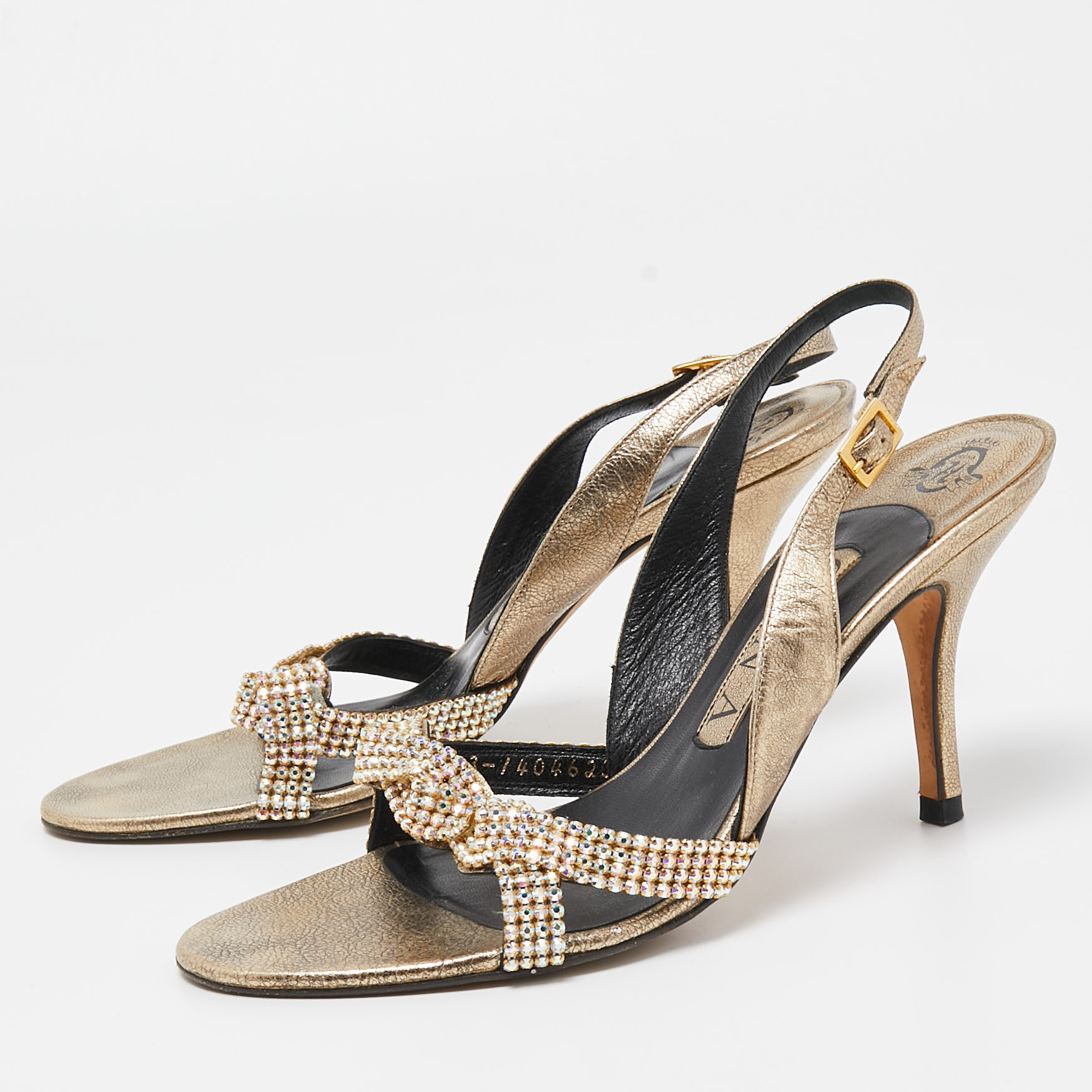 

Gina Gold Crystal Embellished Leather Slingback Sandals Size