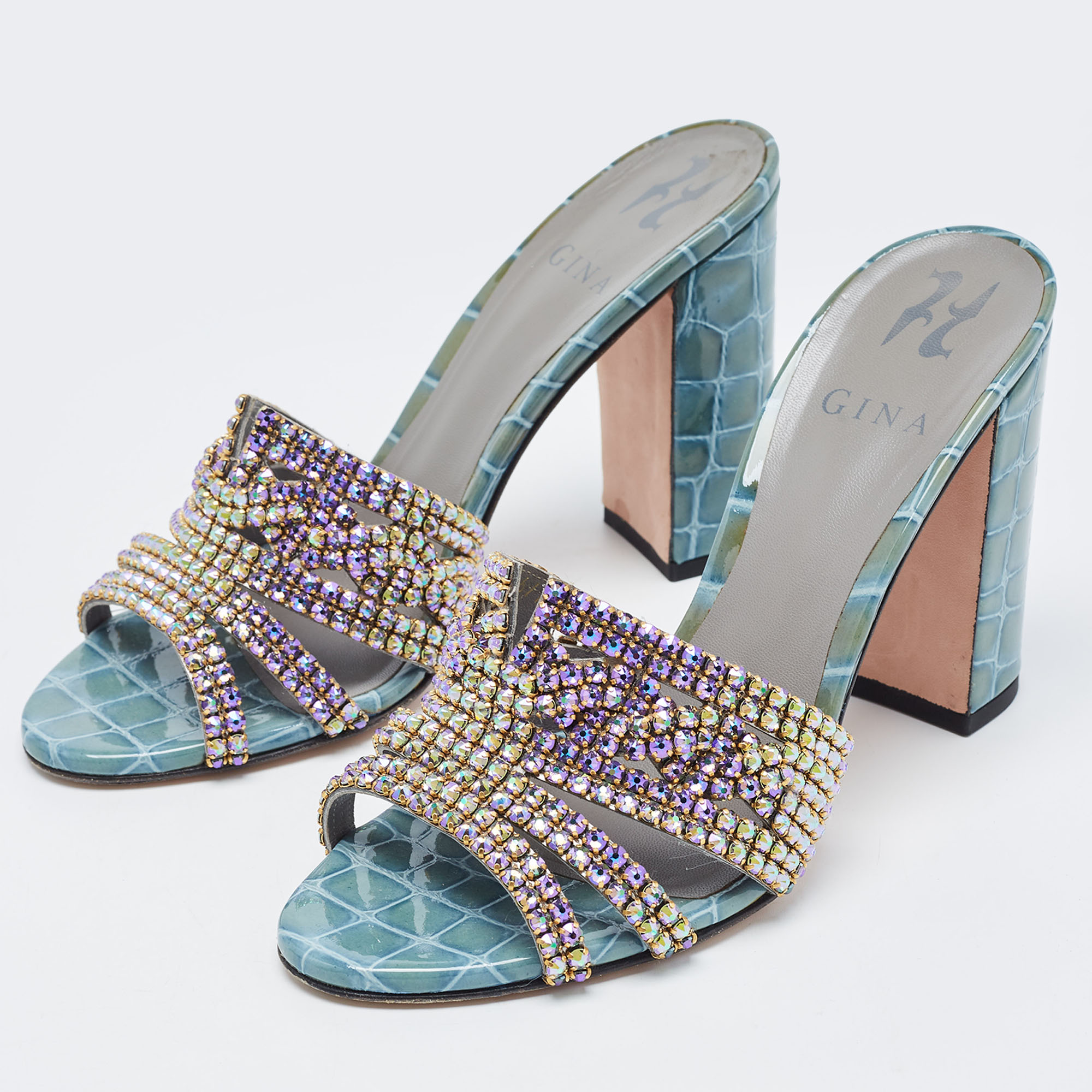 

Gina Green Croc Embossed Patent Leather Crystal Embellished Slide Sandals Size
