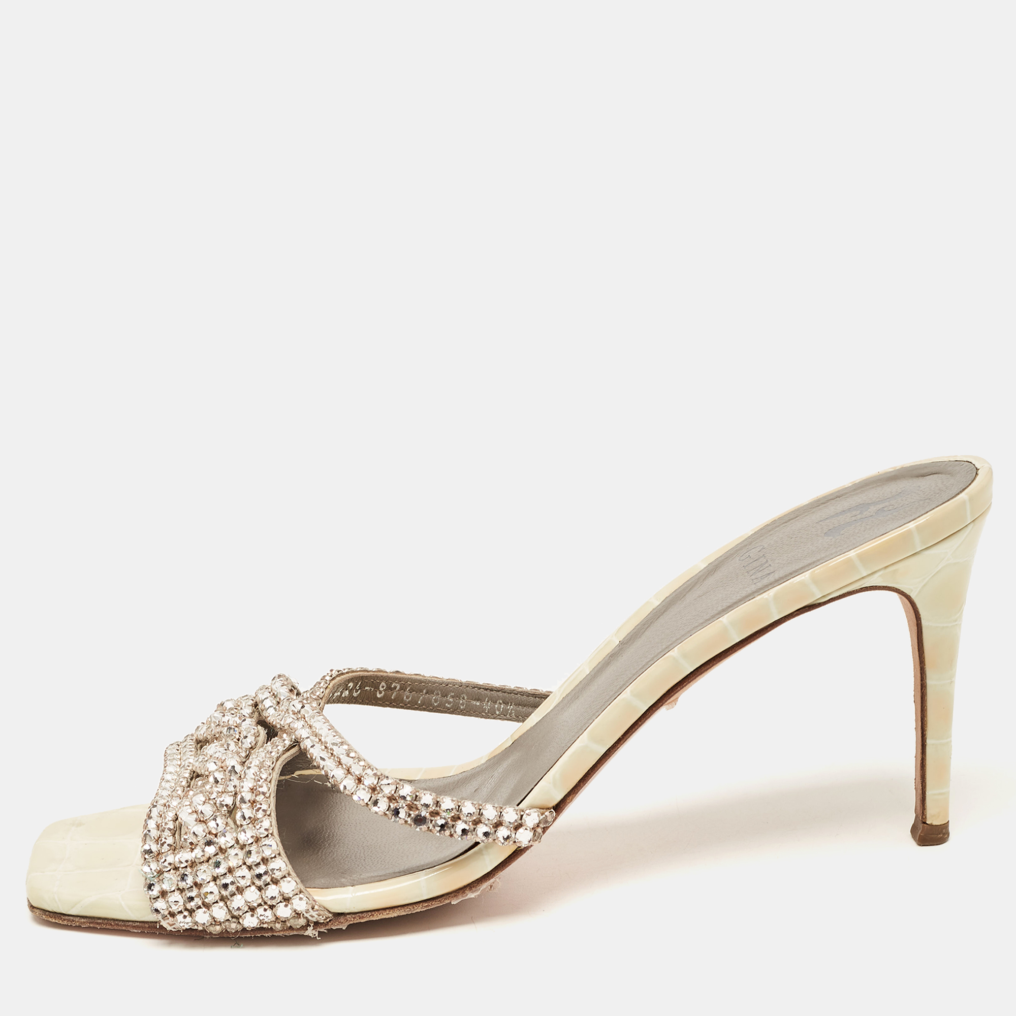 Pre-owned Gina Cream/grey Croc Embossed Leather Crystal Embellished Slide Sandals Size 40.5