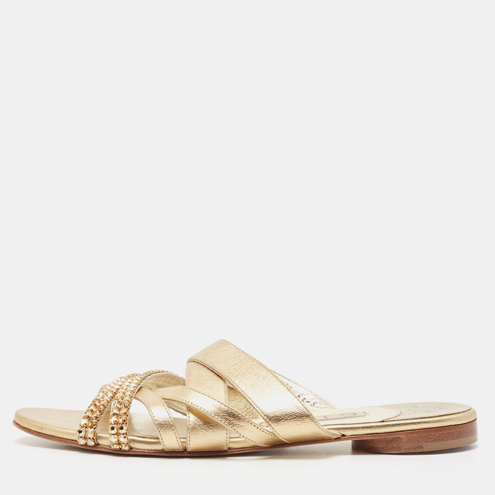 

Gina Golden Leather Crystal Embellished Slide Sandals Size 38, Metallic