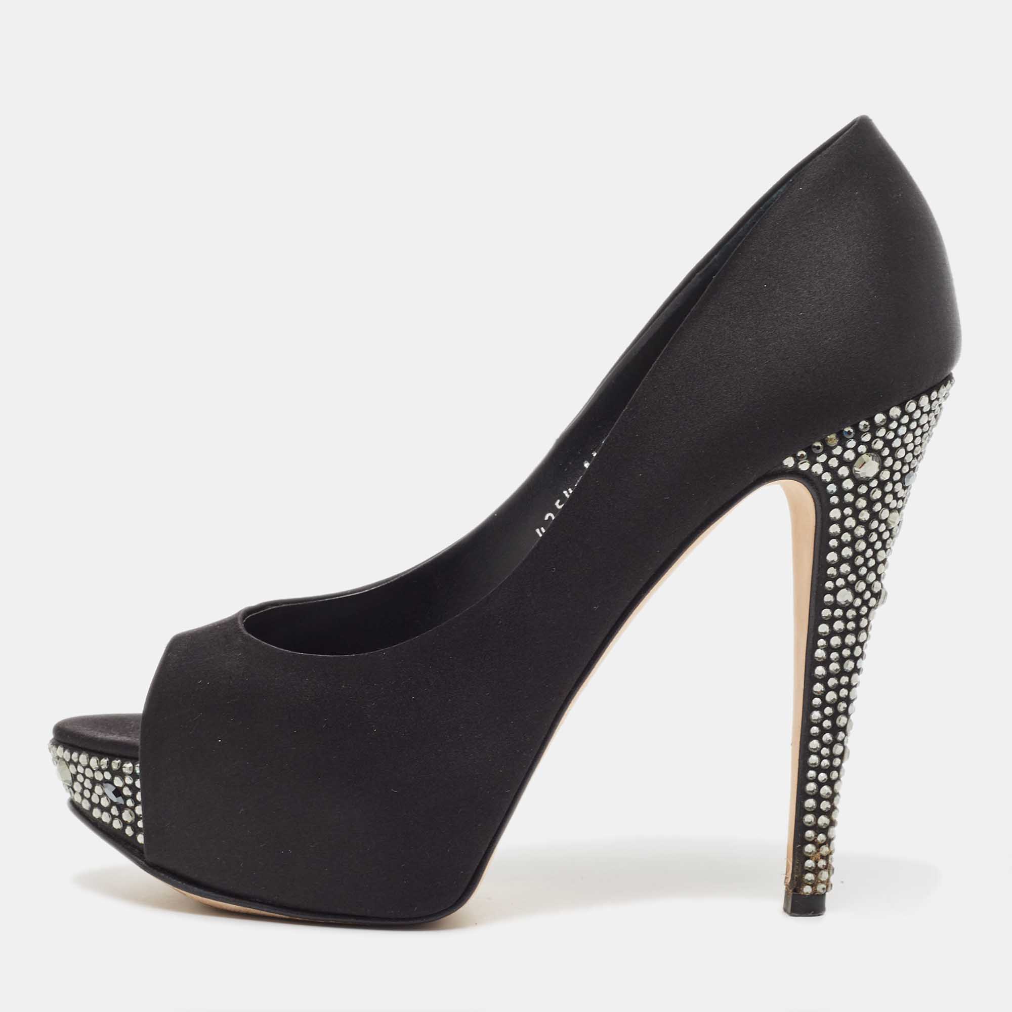 Pre-owned Gina Black Satin Jenna Crystal Embellished Heel Peep Toe Platform Pumps Size 39.5