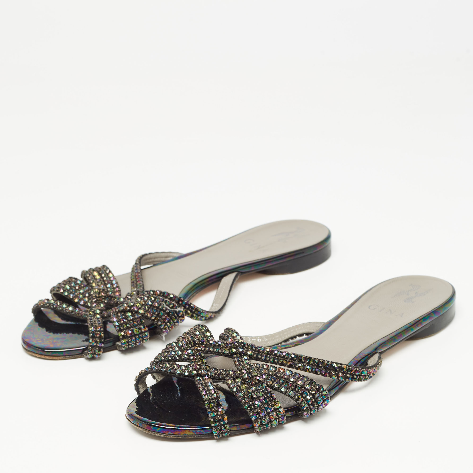 

Gina Black Crystal Embellished Leather Strappy Flat Slides Size