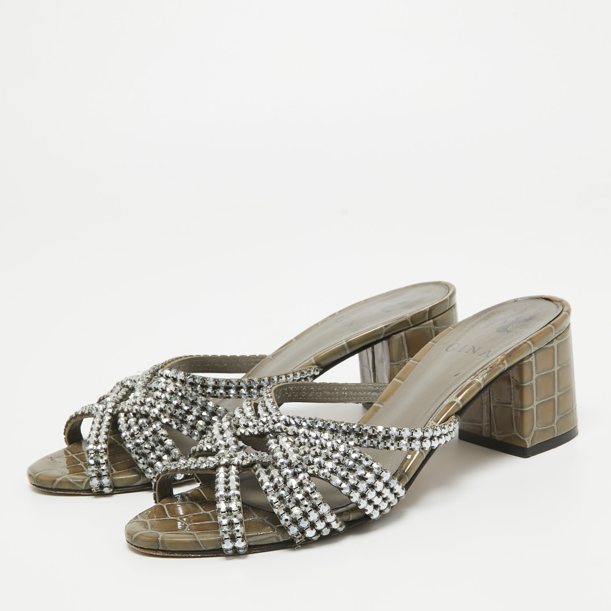 

Gina Olive Green Crystal Embellished Leather Slide Sandals Size