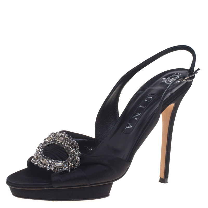 

Gina Black Satin Brooch Embellished Slingback Sandals Size