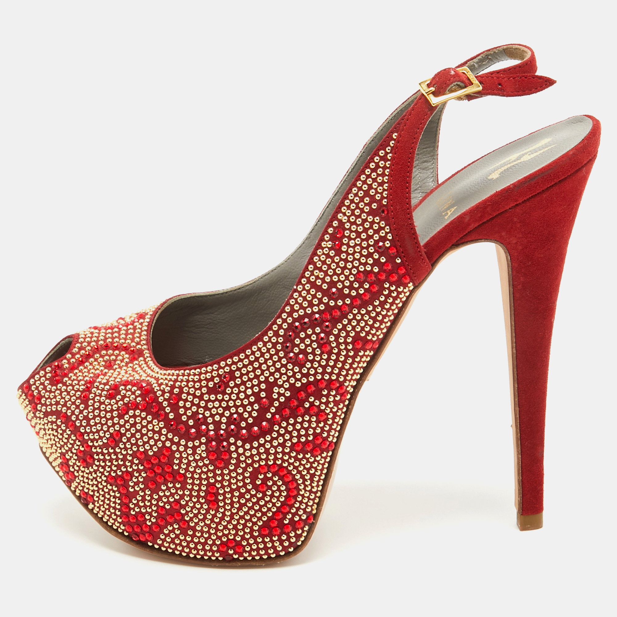 Pre-owned Gina Red Embellished Satin Peep Toe Platform Slingback Pumps Size 39