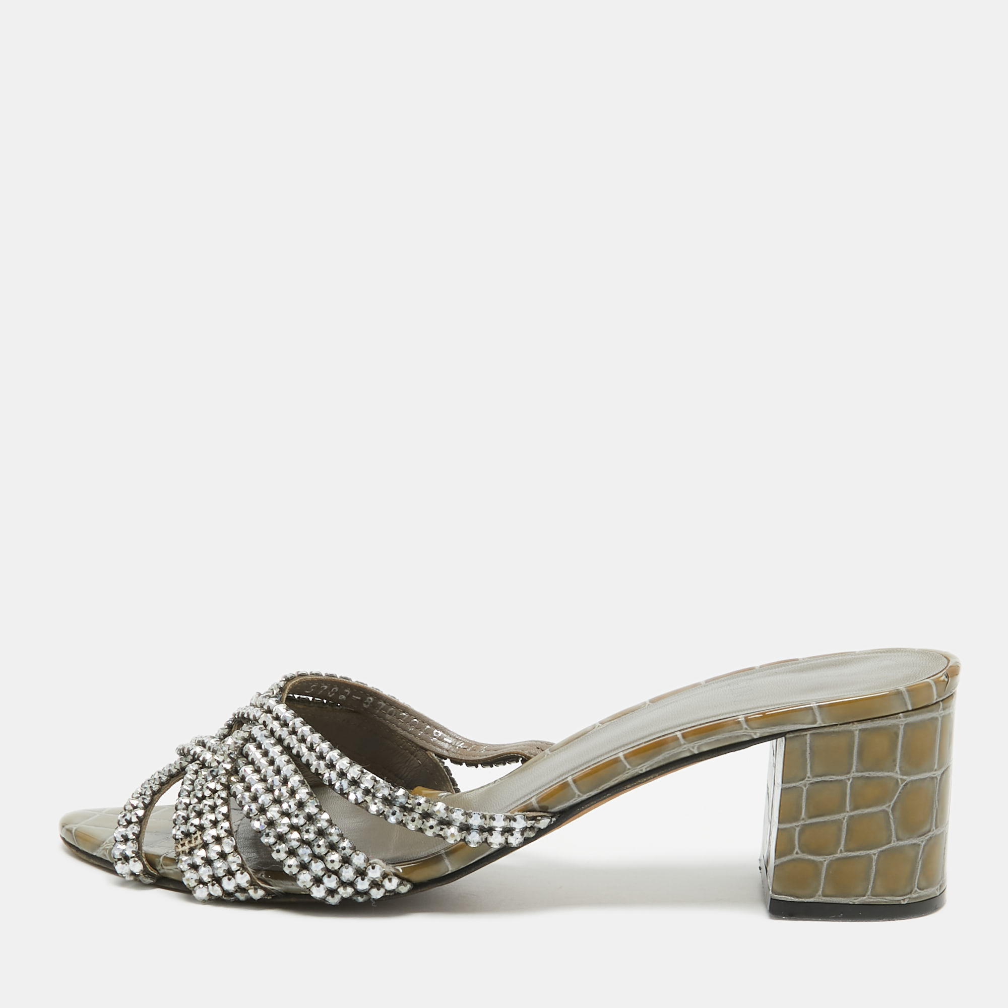 مملوكة مسبقًا Gina Light Green Croc Embossed Leather Crystal Embellished Slide Sandals Size 41.5