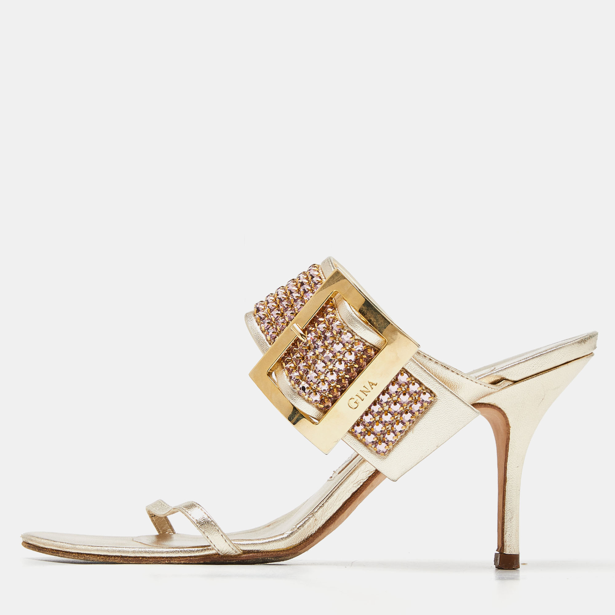 

Gina Gold Crystal Embellished Leather Slide Sandals Size