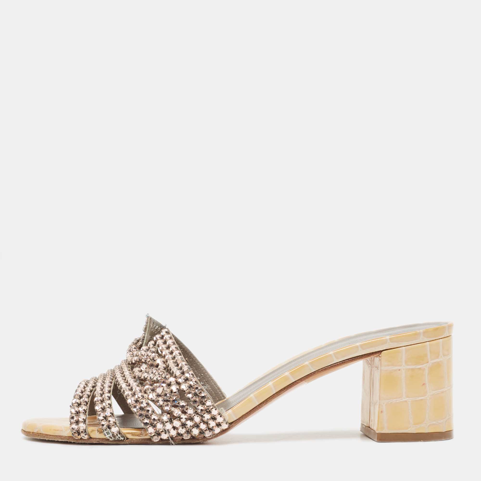 

Gina Pink/Yellow Crystal Embellished Leather Slide Sandals Size