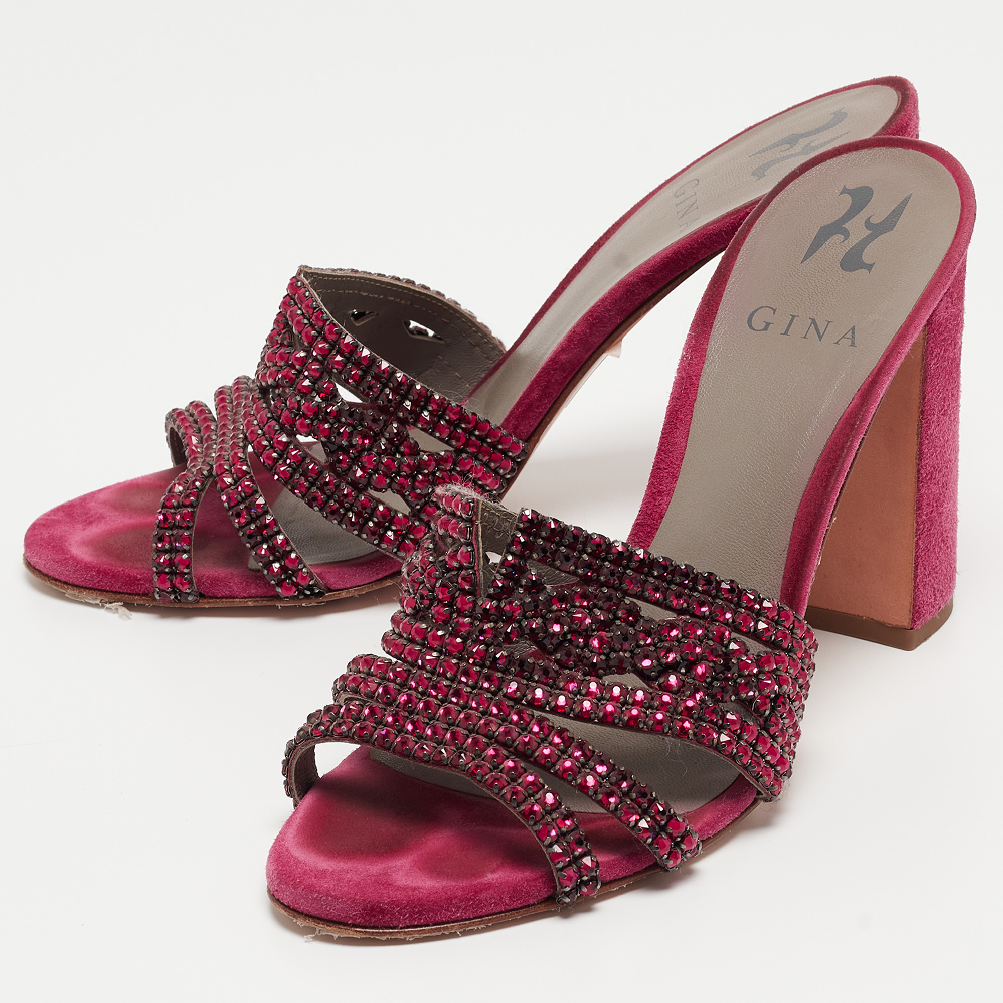 

Gina Pink Crystal Embellished Leather Slide Sandals Size