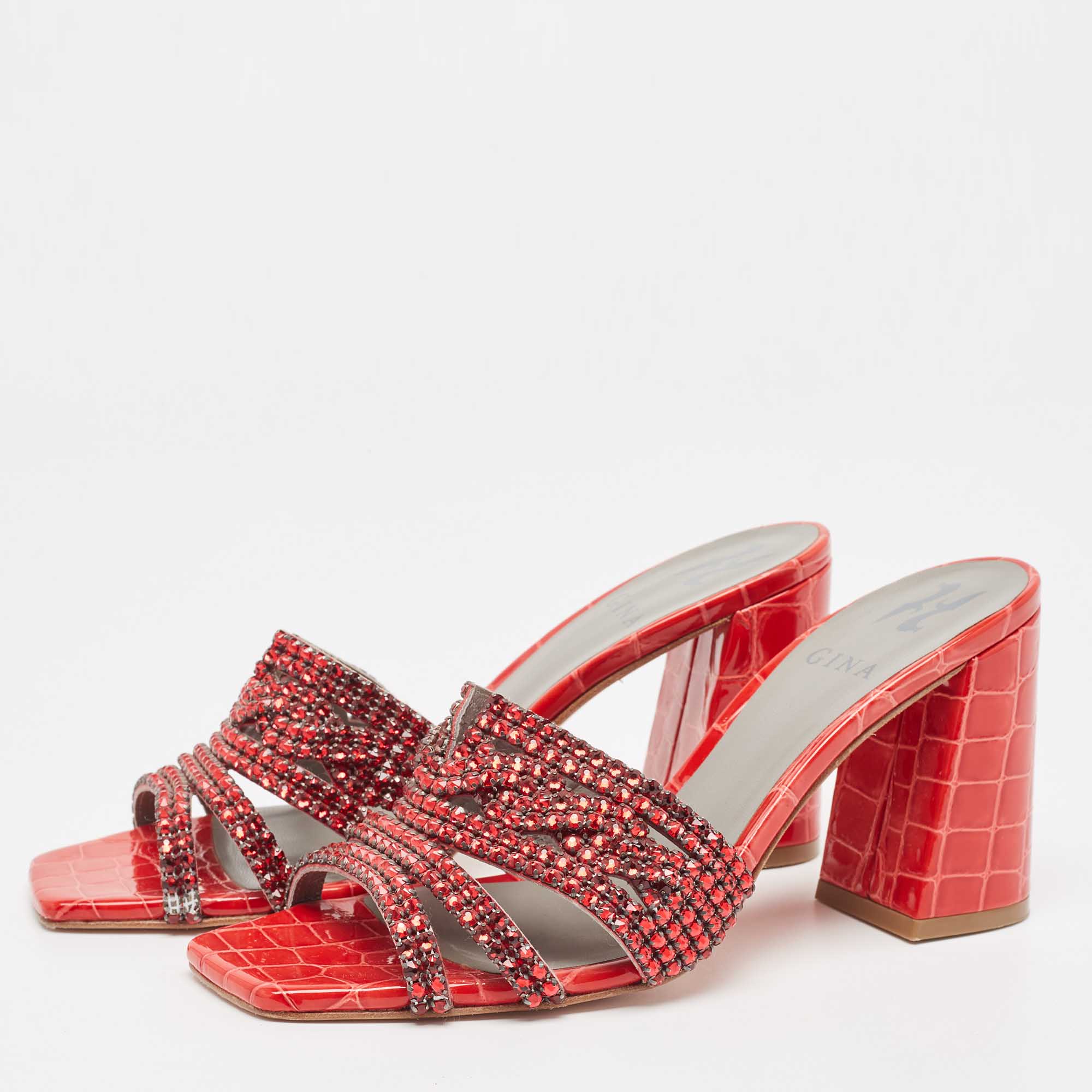 

Gina Red Crystal Embellished Leather Slide Sandals Size