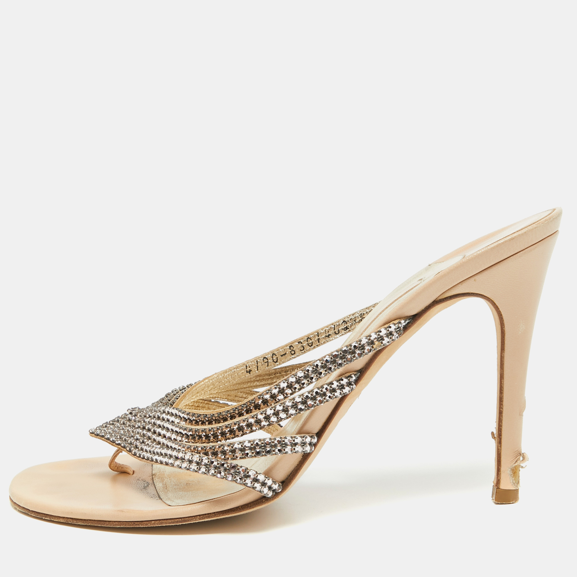 Pre-owned Gina Beige Leather And Crystal Embellished Slide Sandals Size 39