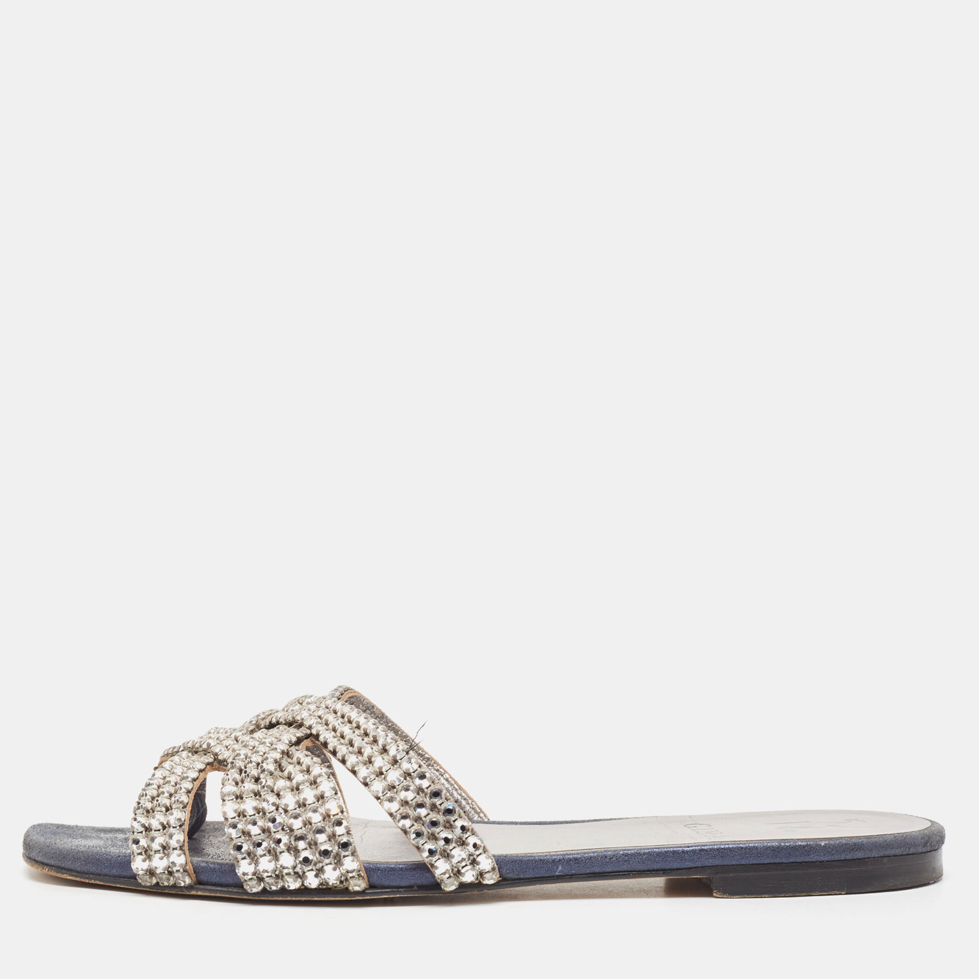 

Gina Silver/Blue Crystal Embellished Leather Thong Flats Size