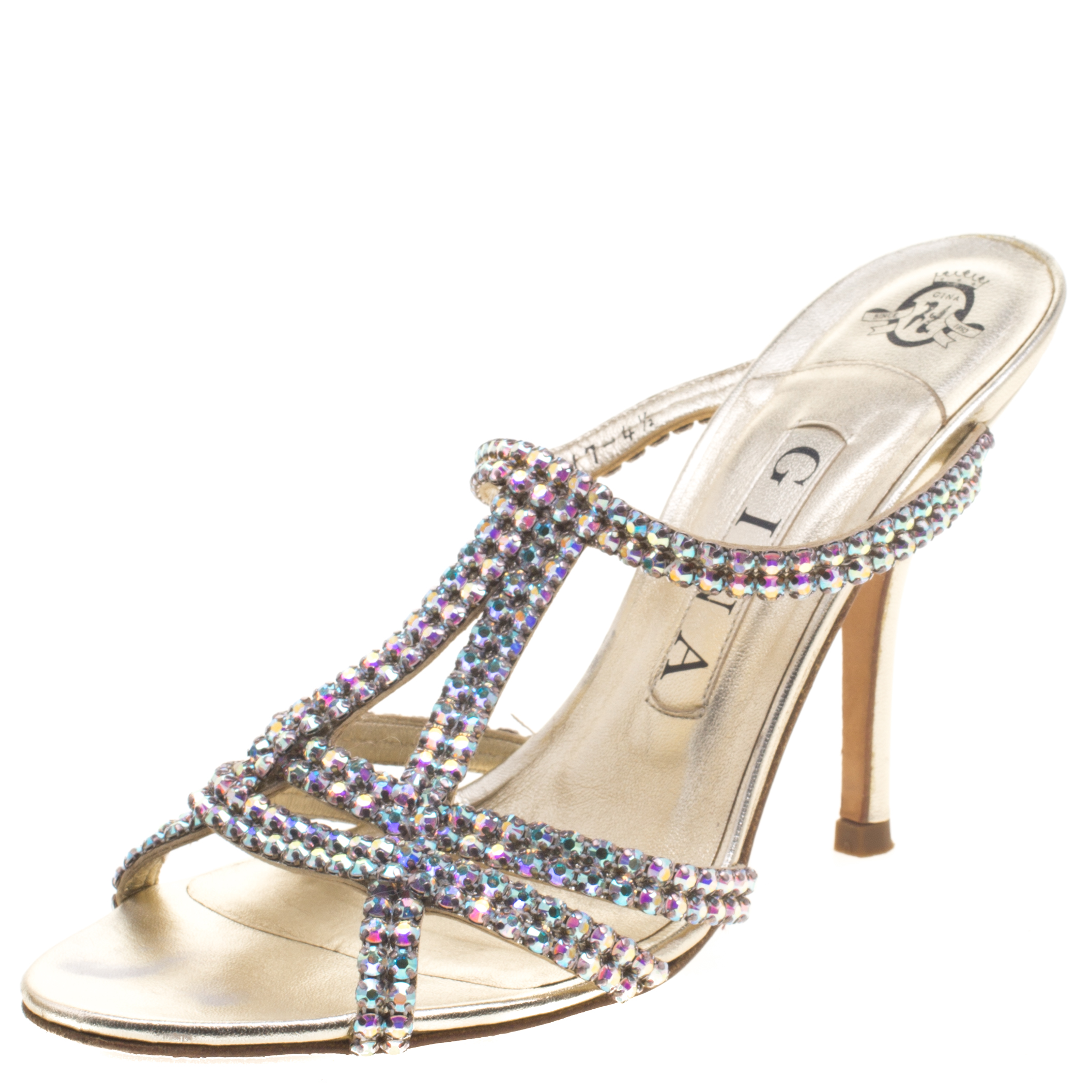 Pre Owned Gina Gold Crystal Embellished Leather Slides Size 37.5