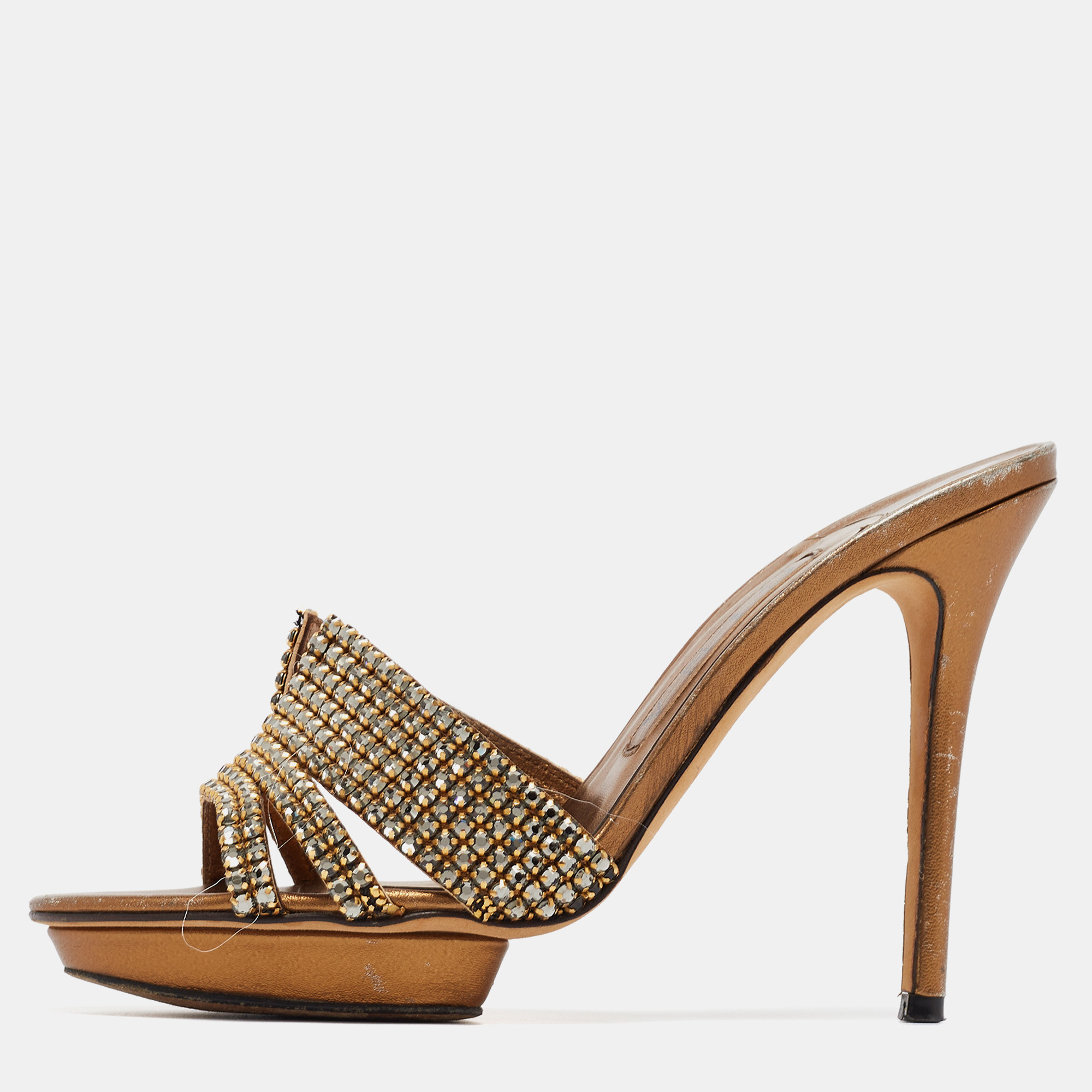 

Gina Metallic Bronze Leather Crystal Embellished Slide Sandals Size, Brown