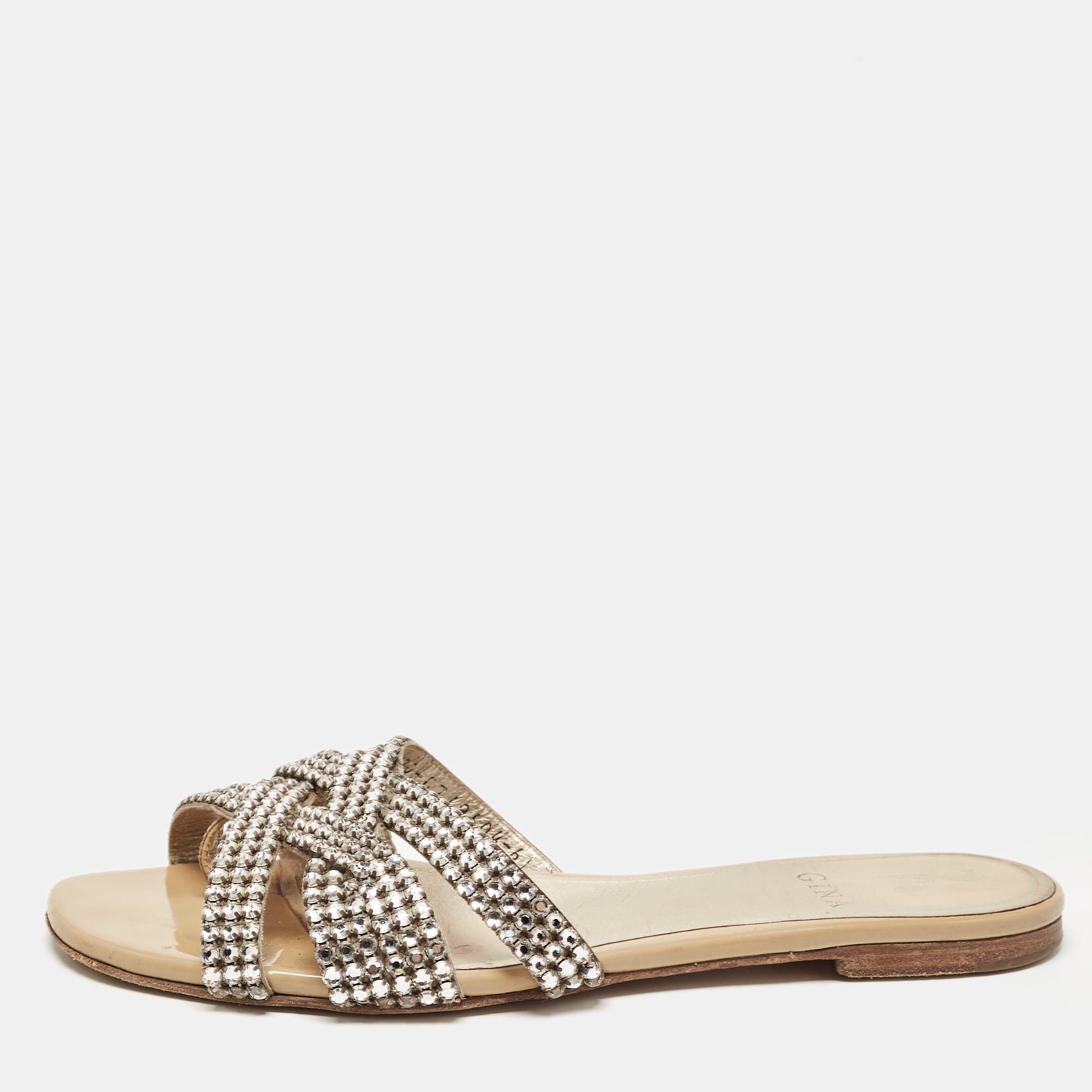 

Gina Silver Leather Crystal Embellished Flat Slides Size